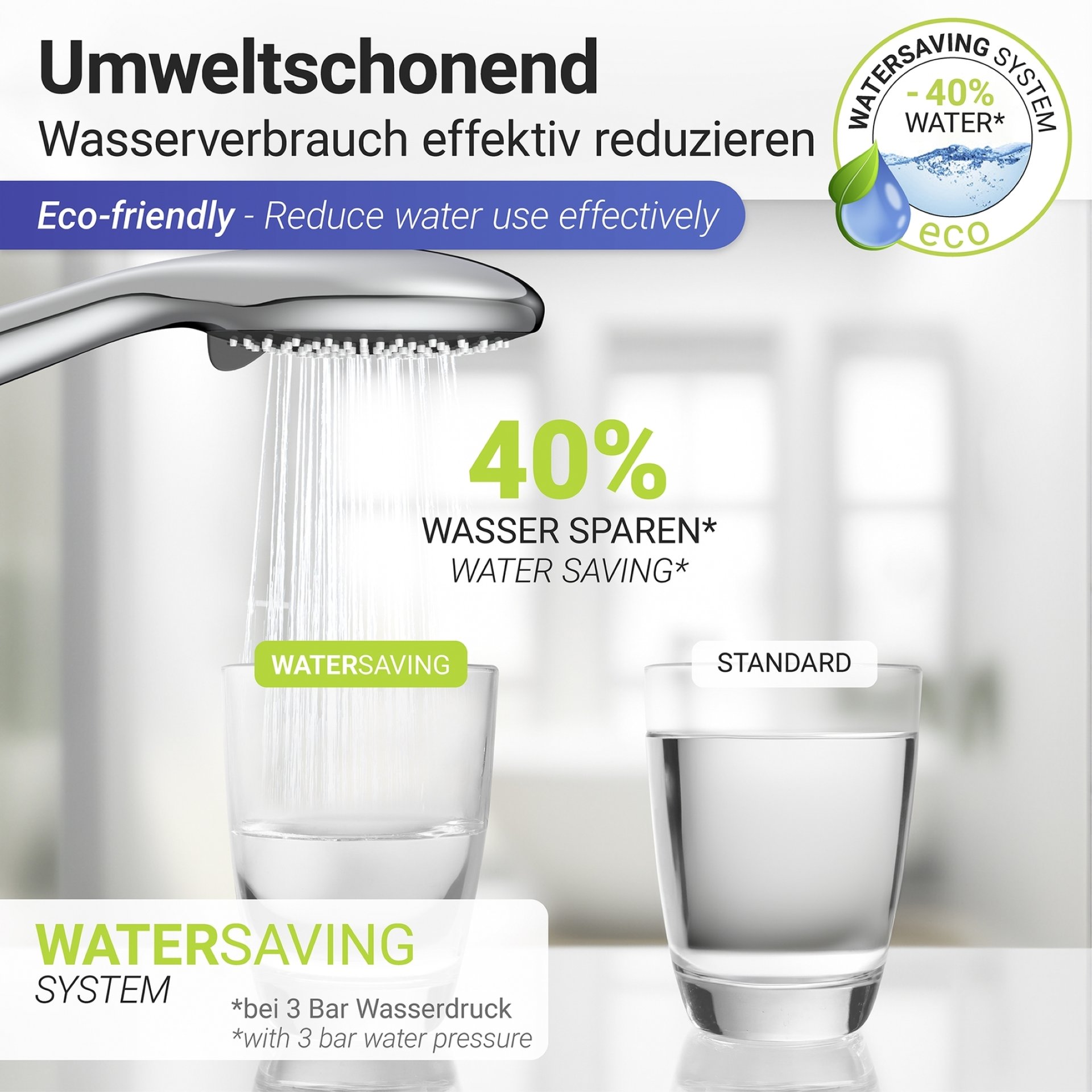 WENKO Duschkopf Ø 11 cm, Chrom, mit Wassersparsystem, 3 verschiedene Wasserstrahlarten