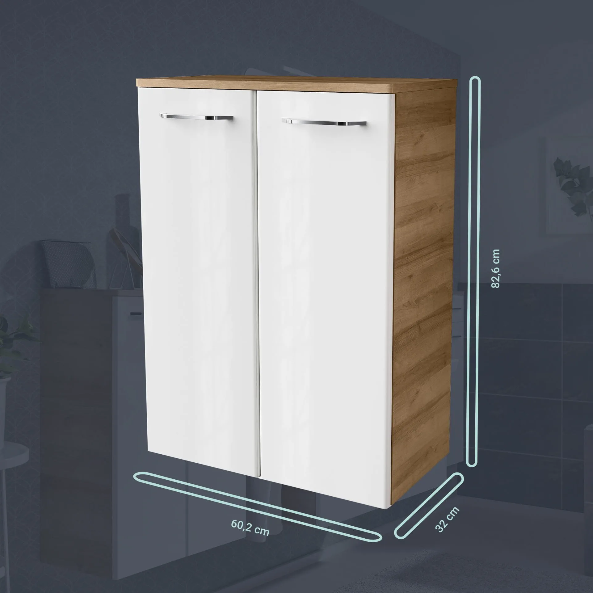 FACKELMANN MILANO Doppel Midischrank 60 cm breit, Weiß/Braun hell