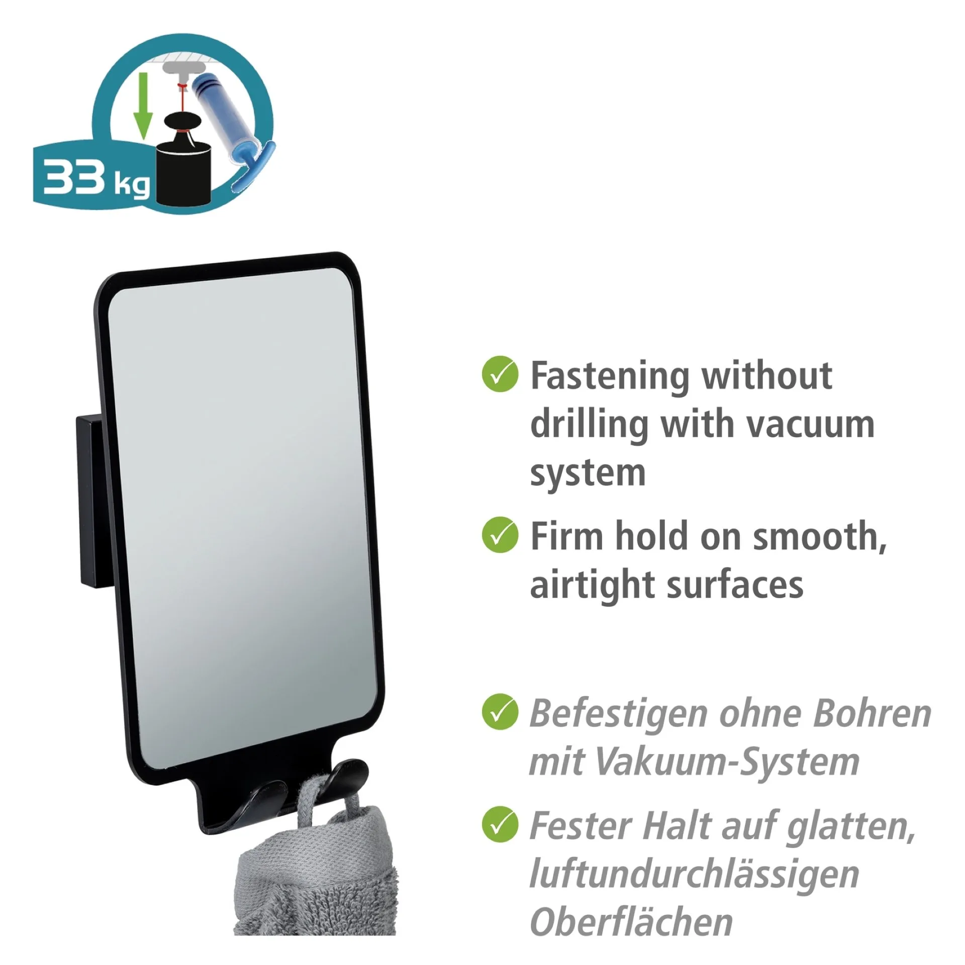 WENKO QUADRO Antibeschlag Spiegel 14 cm breit, Schwarz, Befestigen ohne Bohren