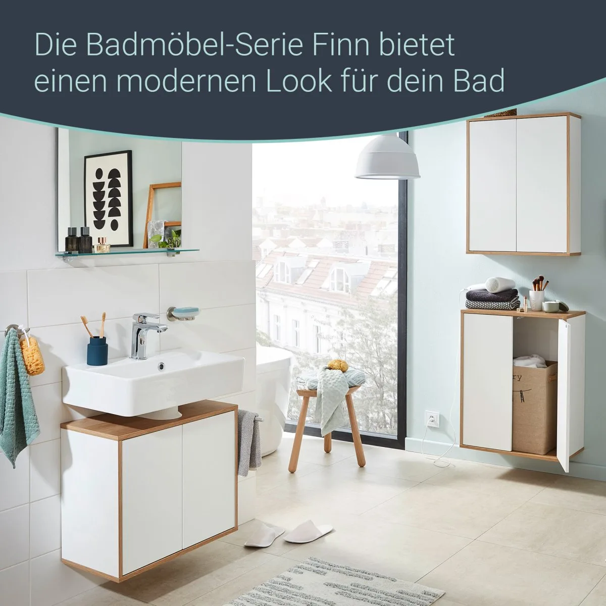 FACKELMANN FINN Doppel Midischrank 60 cm breit, Weiß/Braun hell