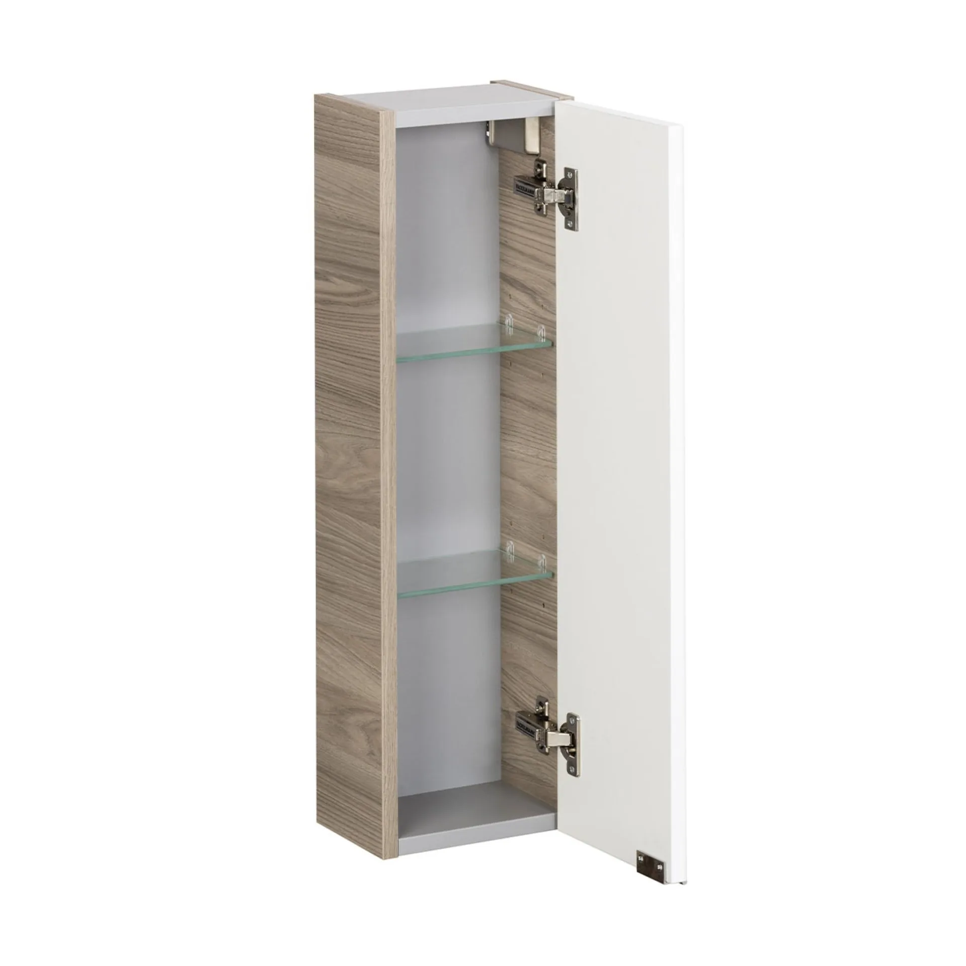 FACKELMANN LUXOR Badmöbel Set 5-teilig 100 cm breit, Weiß/Braun hell, Waschbecken Gussmarmor Weiß + LED Spiegelschrank + Unterschrank + Hängeschrank Türanschlag rechts