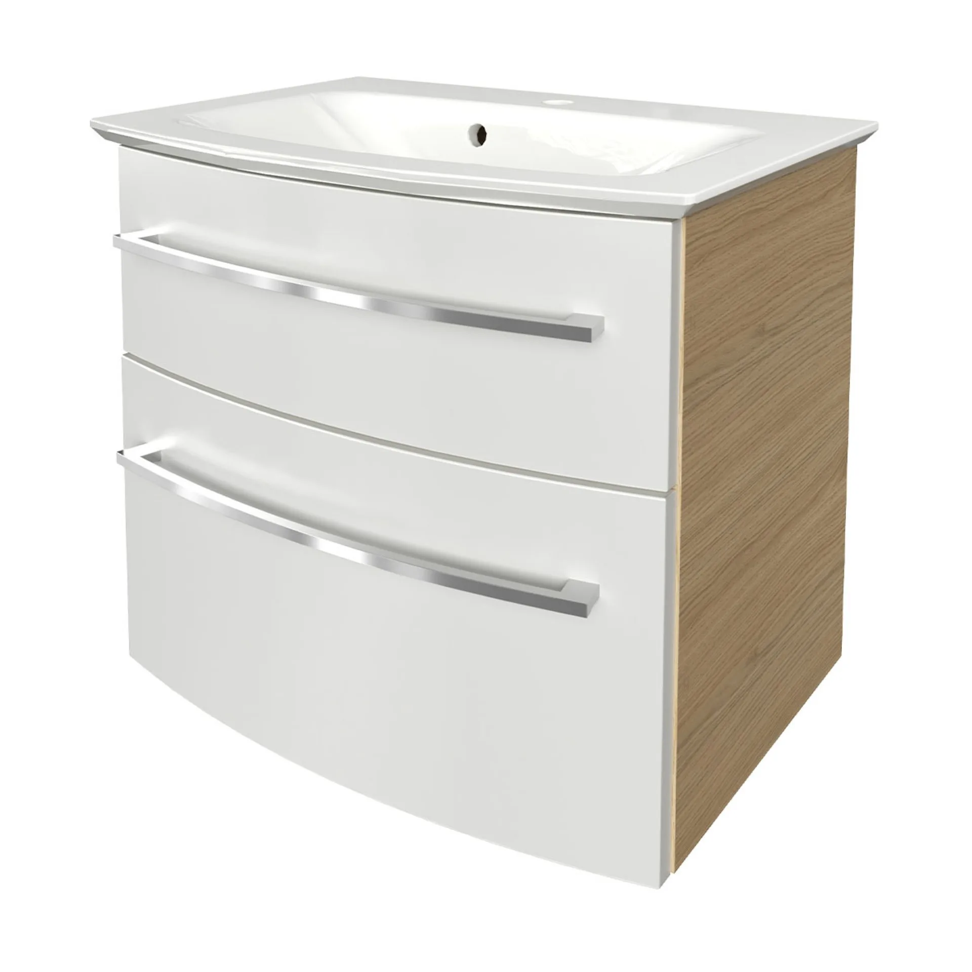 FACKELMANN B.STYLE Waschbecken mit Unterschrank 63 cm breit, Weiß/Braun, Waschbecken Gussmarmor Weiß