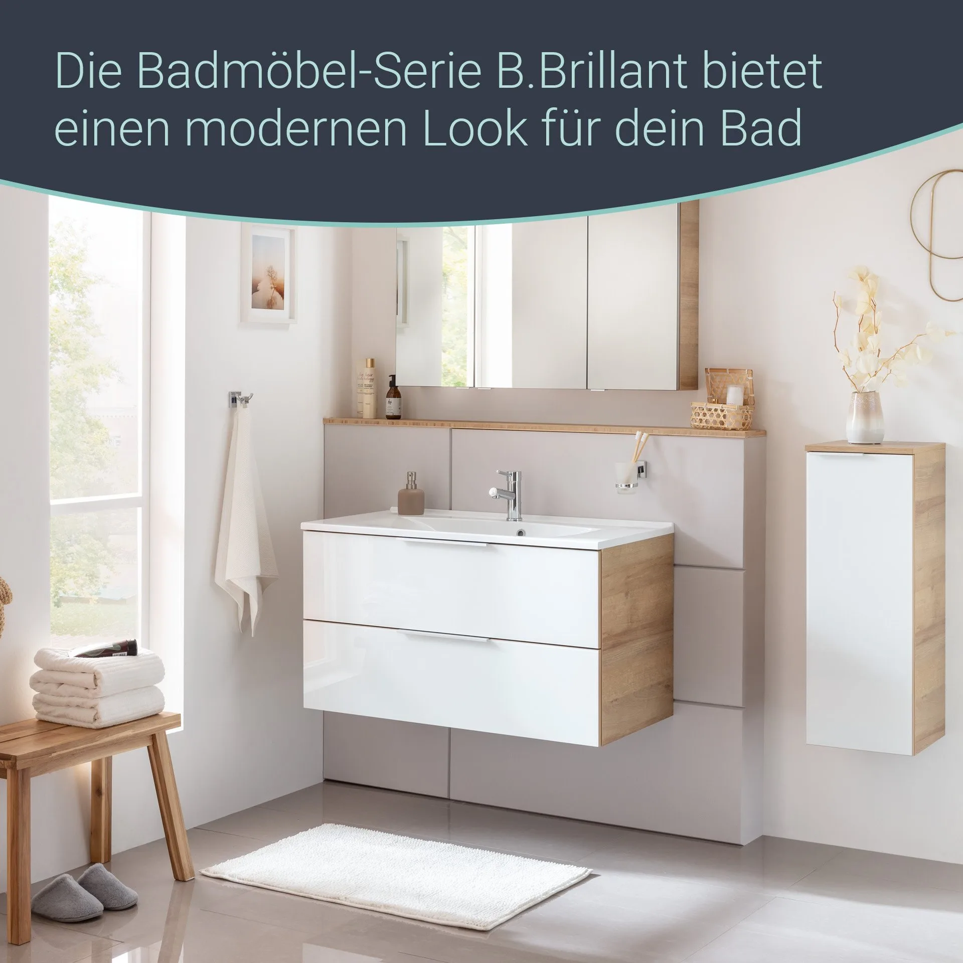 Fackelmann B.BRILLANT Midischrank, 30 cm breit, Weiß Glas/Braun hell