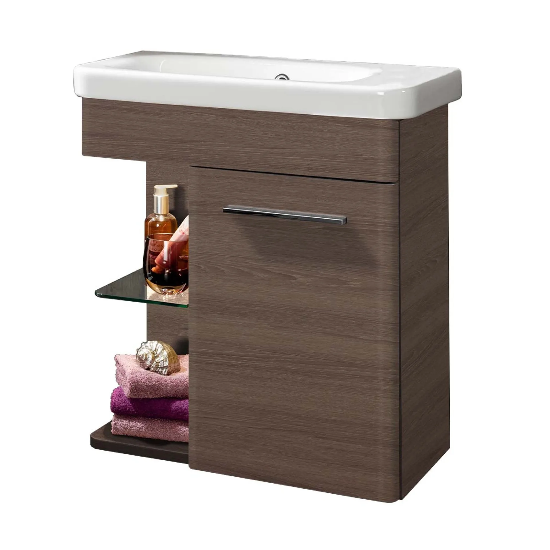 LANZET K8 Gäste WC Waschtisch Set 60 cm breit, Braun dunkel, Waschbecken Keramik Weiß, Türanschlag rechts