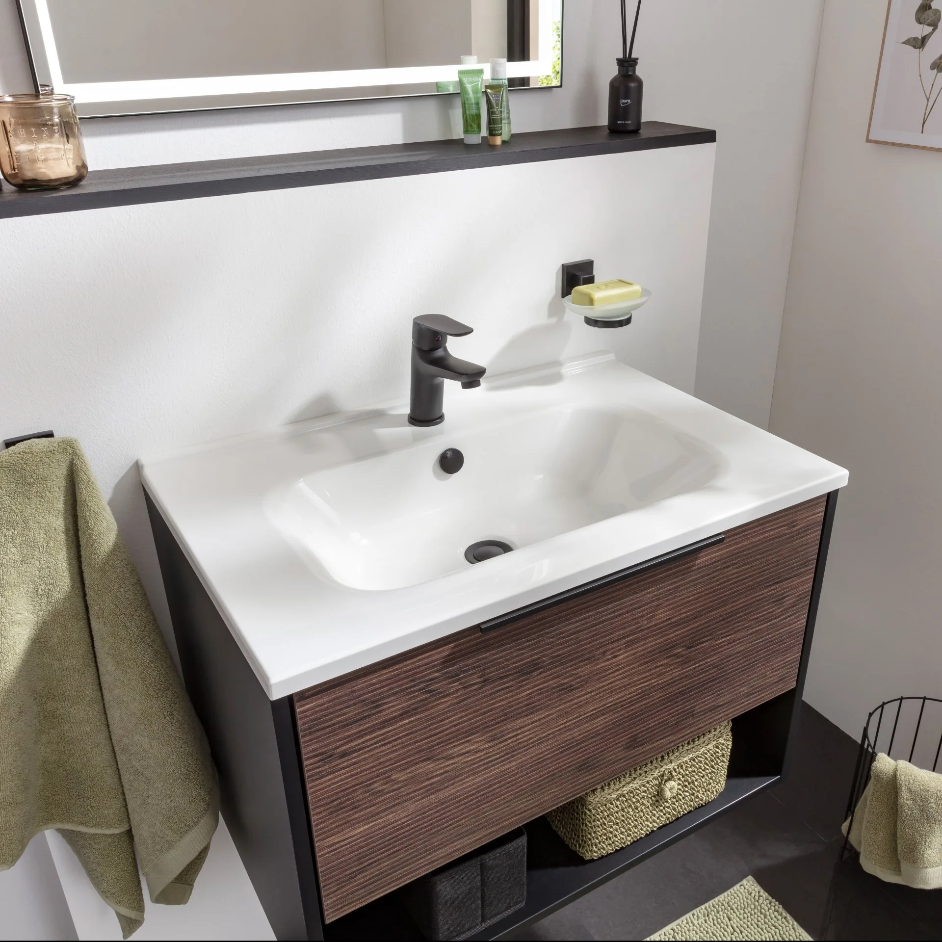 FACKELMANN B.PARIS Waschbecken mit Unterschrank 70 cm breit, Braun Dunkel/Schwarz, Waschbecken Gussmarmor Weiß