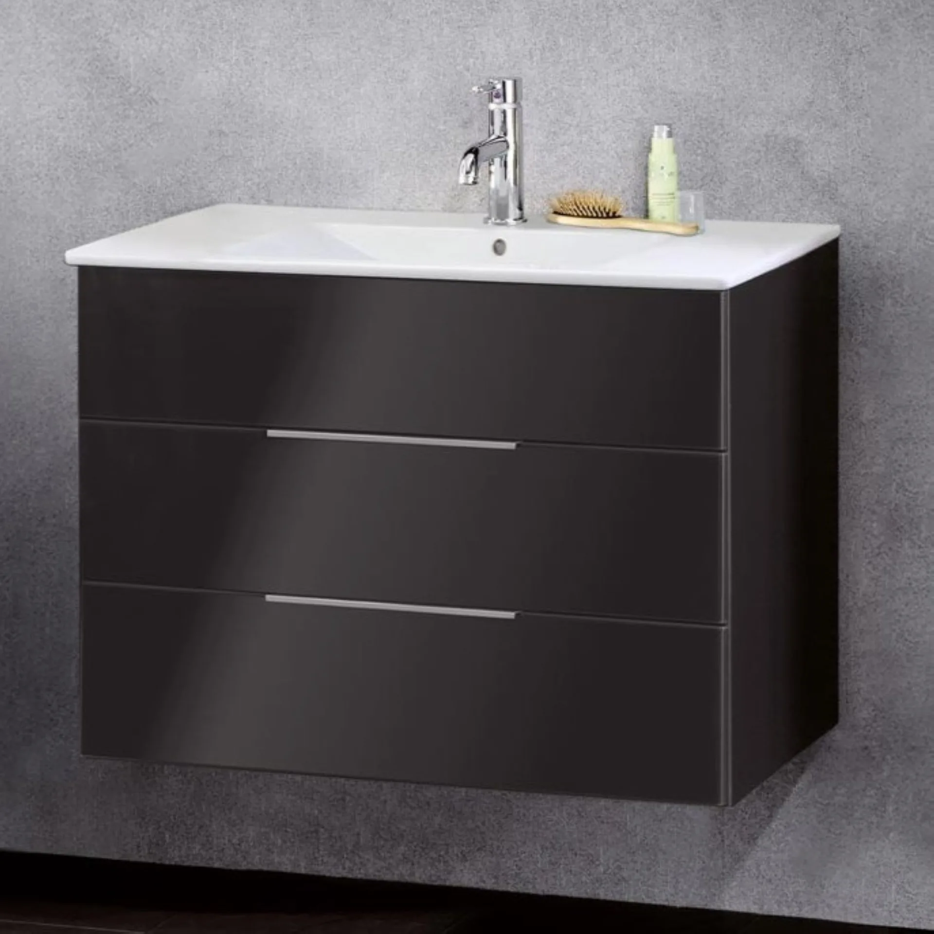 FACKELMANN KARA Waschbecken mit Unterschrank 80 cm breit, Anthrazit, Waschbecken Gussmarmor Weiß, 2 Schubladen