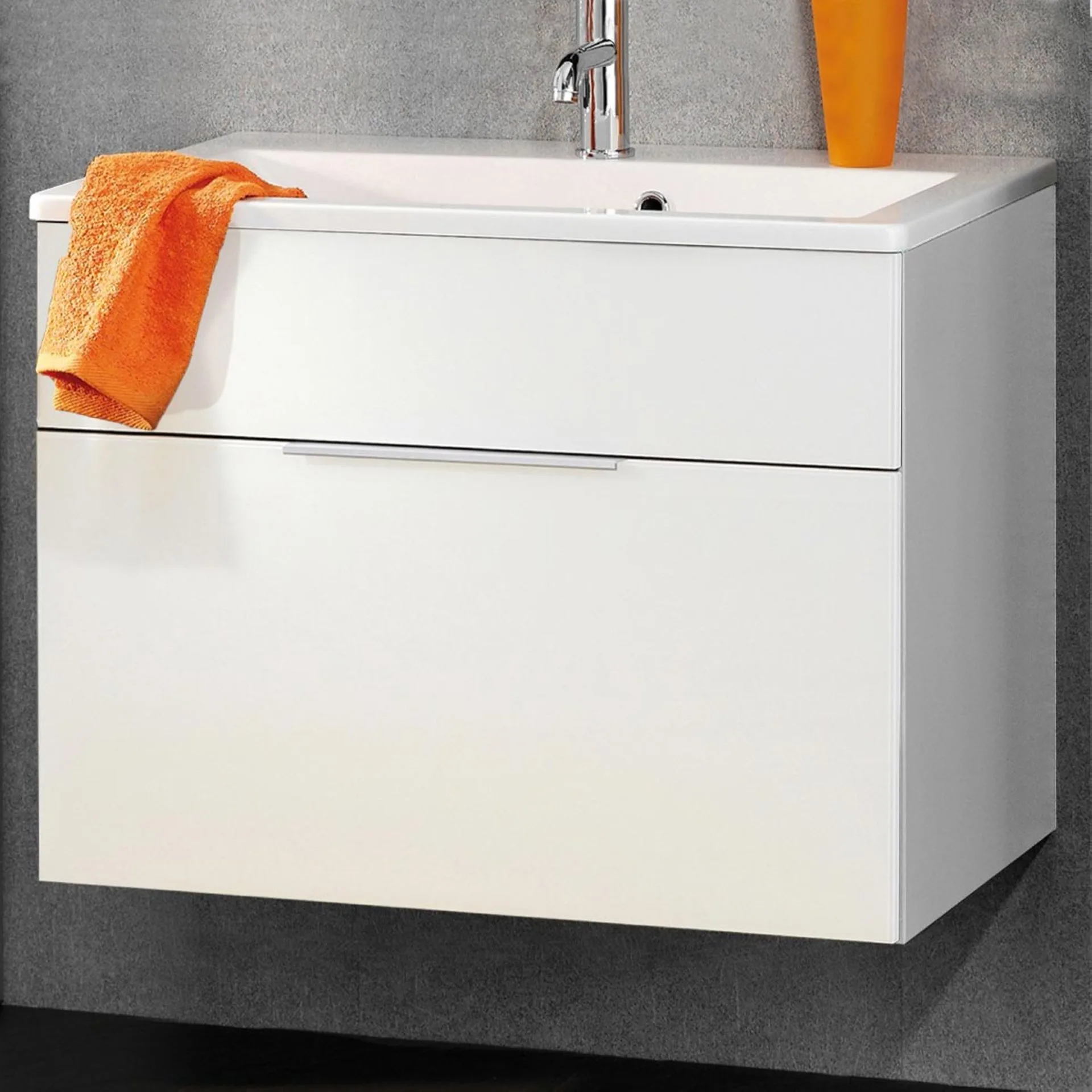 FACKELMANN KARA Waschbecken mit Unterschrank 80 cm breit, Weiß, Waschbecken Gussmarmor Weiß, 1 Schublade