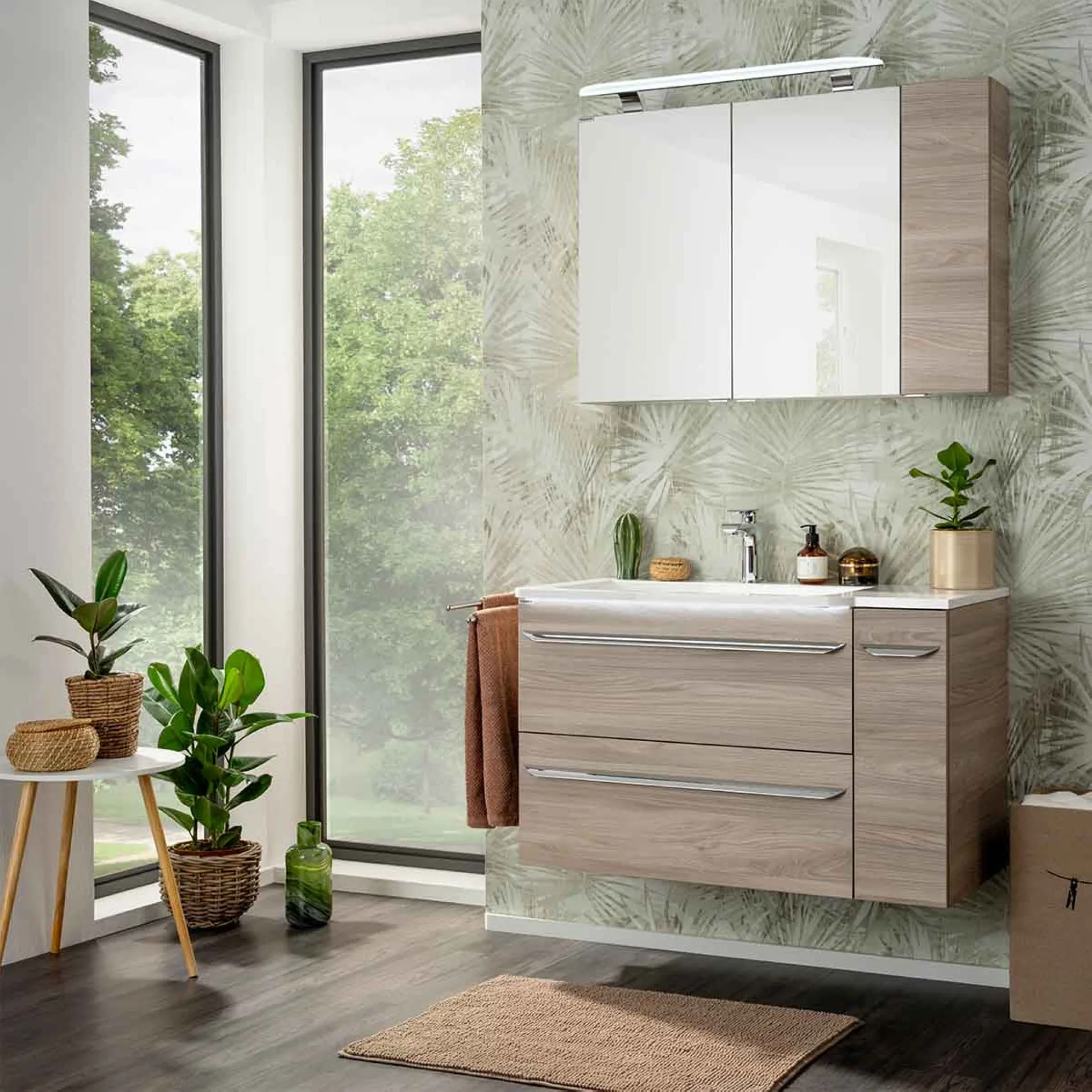 FACKELMANN LUXOR Waschbecken mit Unterschrank 100 cm breit, Braun hell, Waschbecken Gussmarmor Weiß + Unterschrank Türanschlag rechts