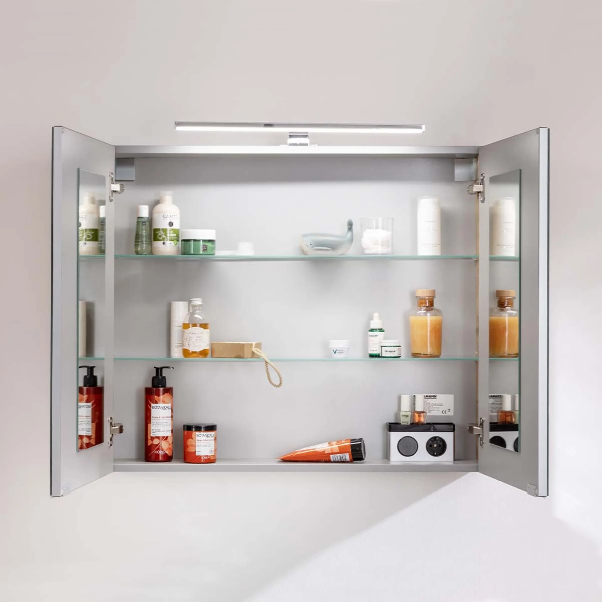 FACKELMANN B.BRILLLANT Waschtisch Set mit Spiegelschrank 80 cm breit, Weiß Glas/Braun hell, Waschbecken Glas Weiß