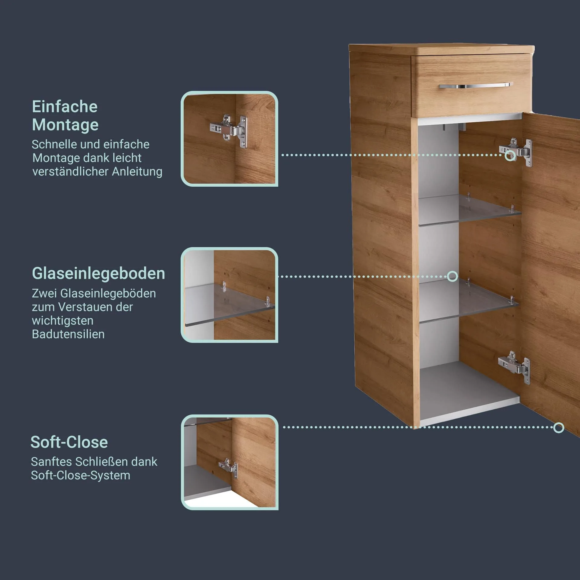 FACKELMANN MILANO Hochschrank + Midischrank mit Schublade 30 cm breit, Braun hell