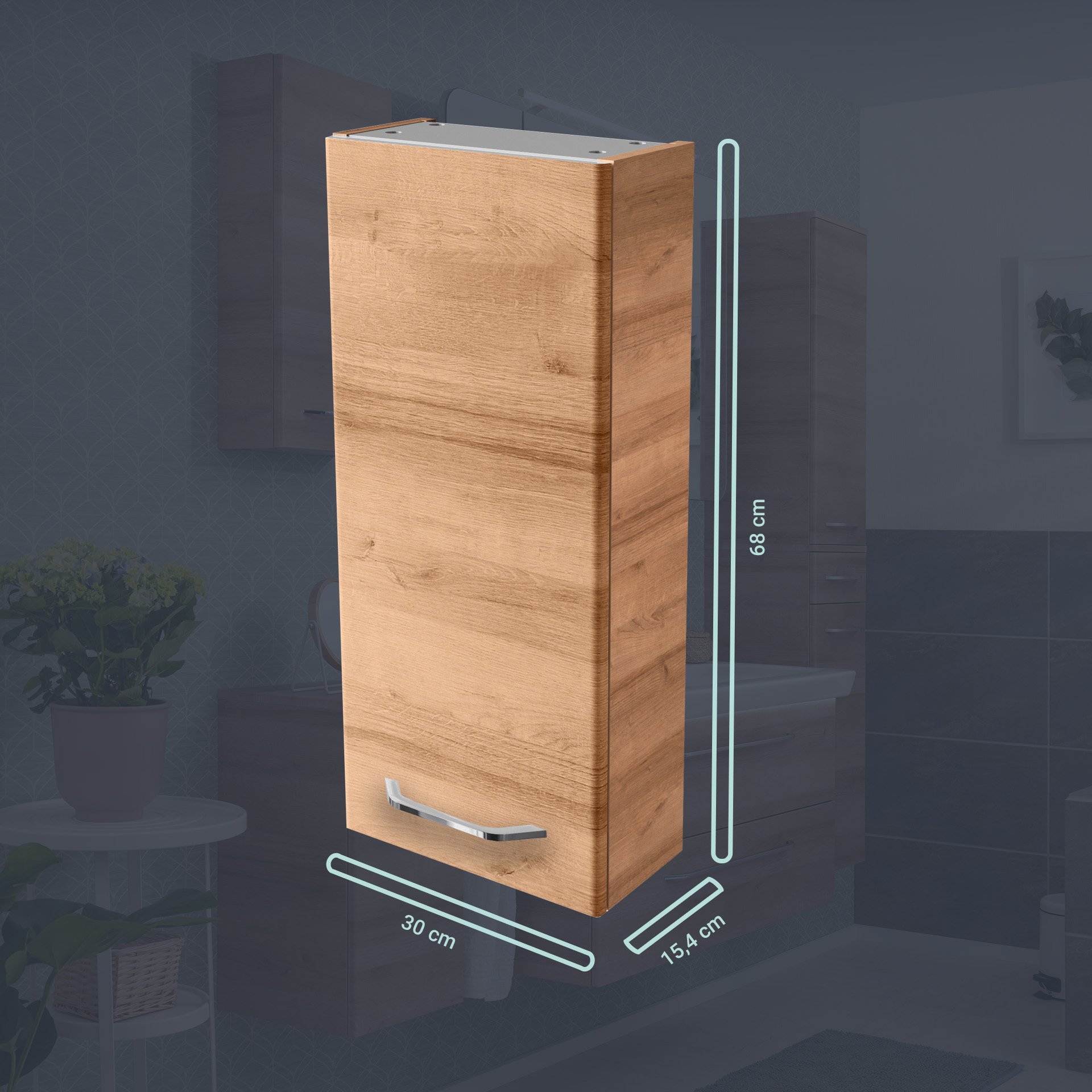 FACKELMANN MILANO Badmöbel Set 4-teilig 88 cm breit, Braun hell, Waschbecken Keramik Weiß + LED Spiegelschrank + Hängeschrank