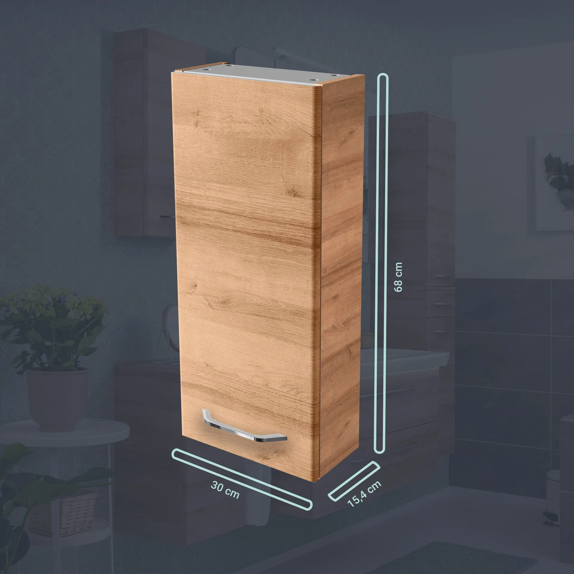 FACKELMANN MILANO Badmöbel Set 4-teilig 88 cm breit, Braun hell, Waschbecken Keramik Weiß + LED Spiegelschrank + Hängeschrank