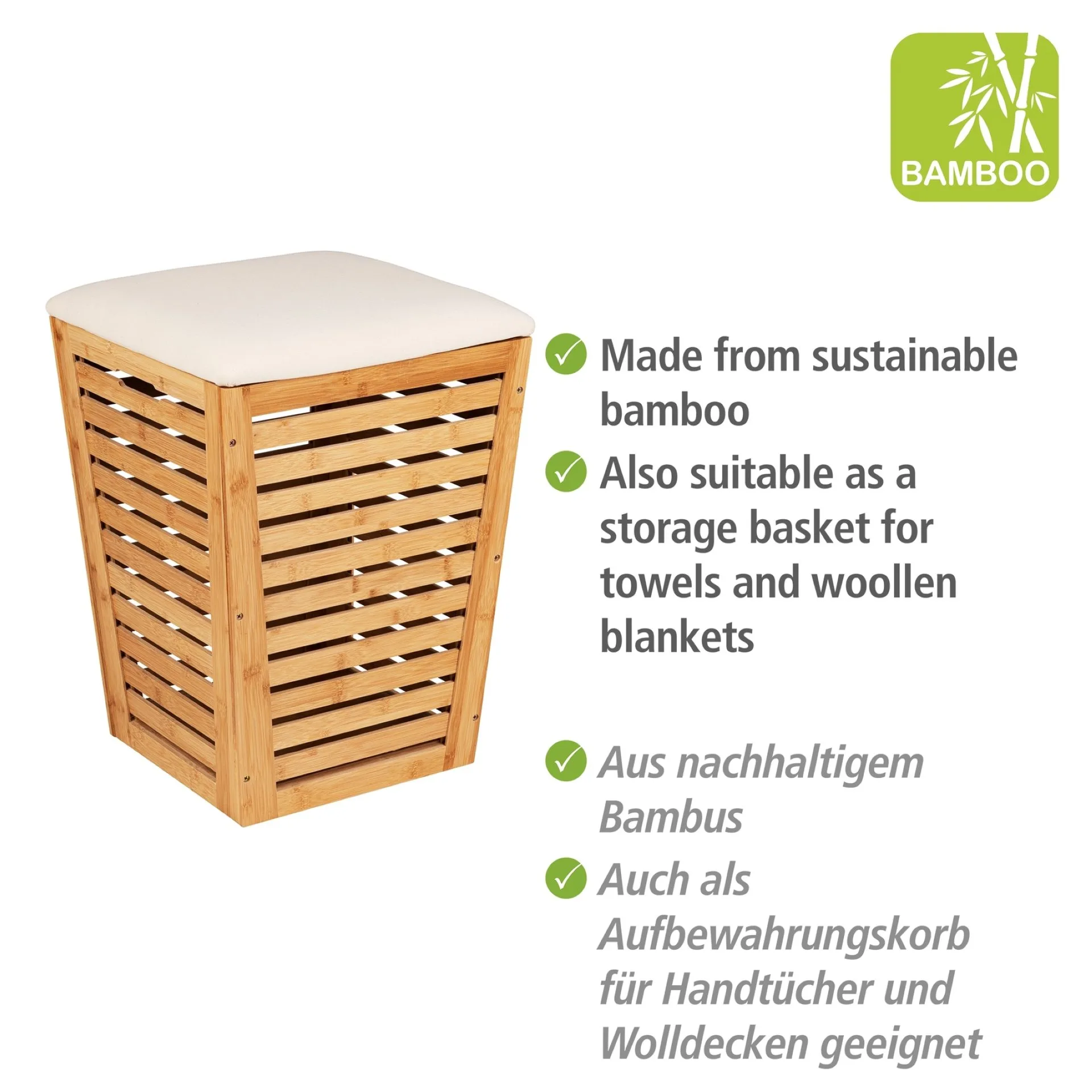 WENKO BAMBUSA Wäschekorb, Braun, mit Sitzpolster, aus Bambus