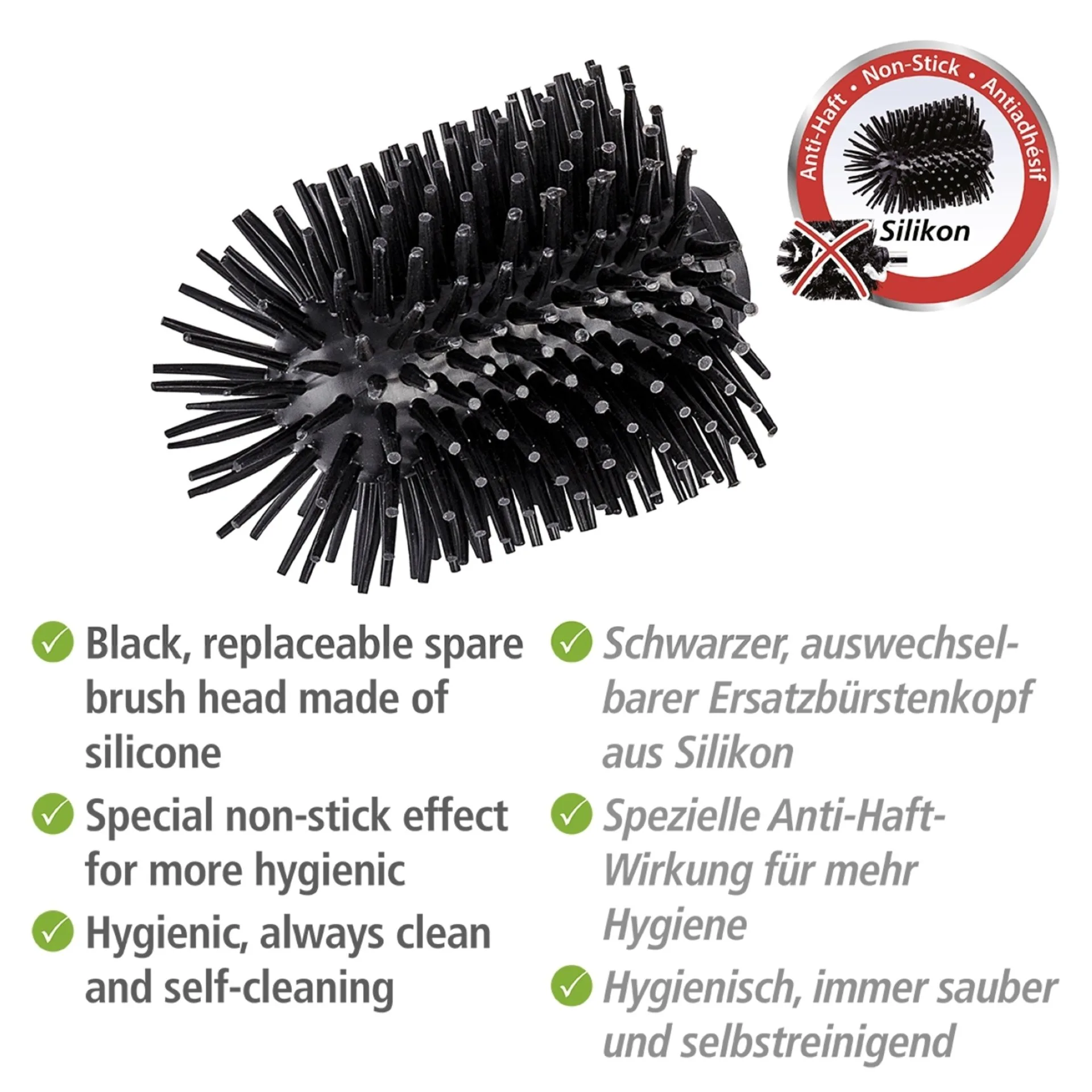 WENKO Ersatzbürstenkopf Ø 7,5 cm, 4er Set, Schwarz, Silikon