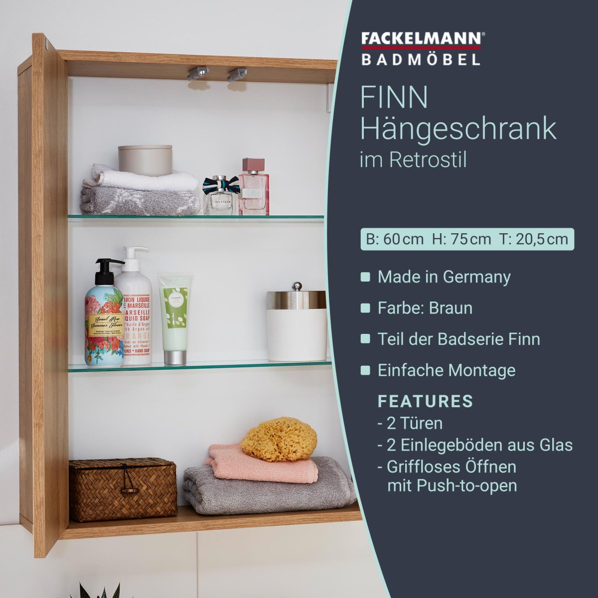 Fackelmann FINN Doppel Hängeschrank 60 cm, Braun hell