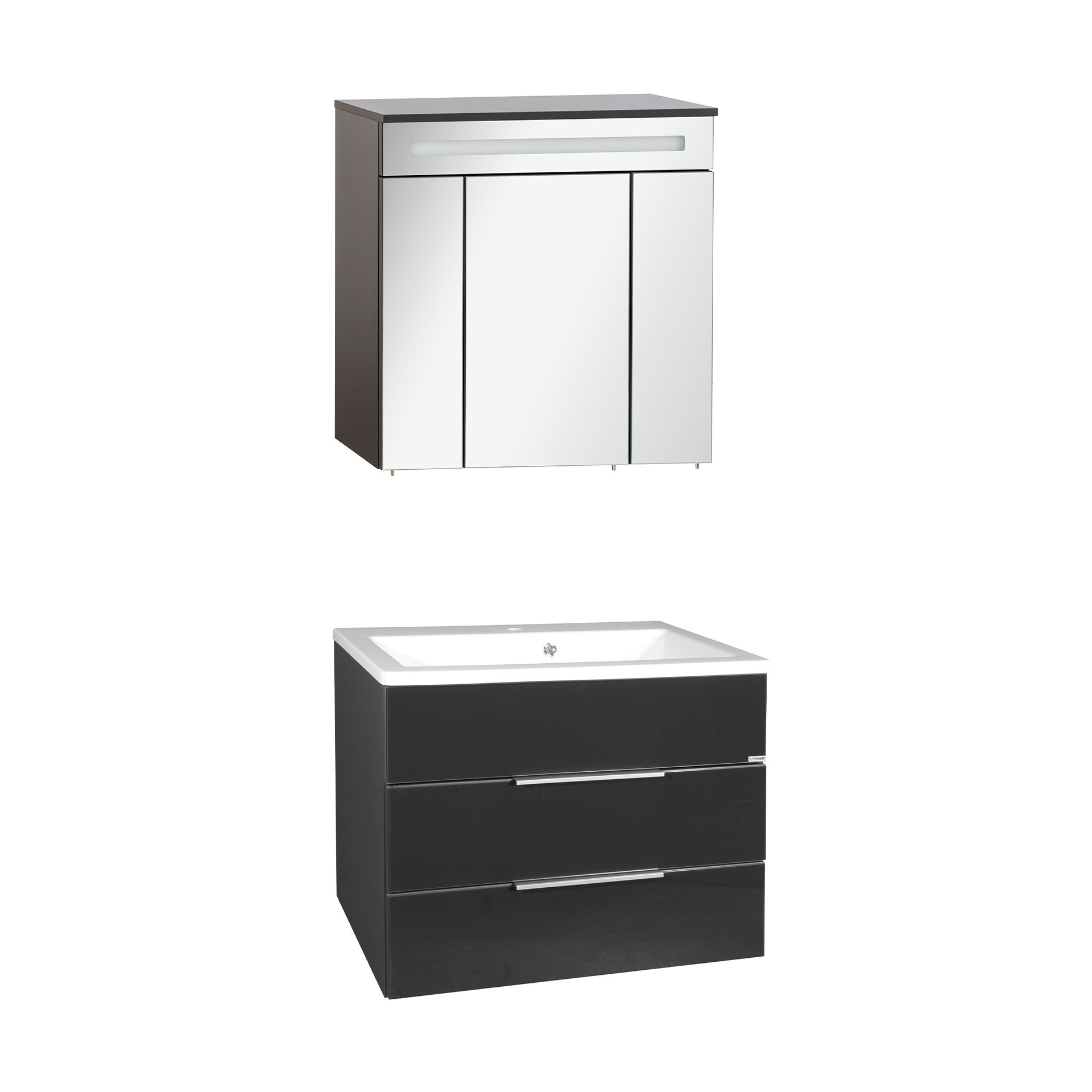 FACKELMANN KARA Waschtisch Set mit Spiegelschrank 80 cm breit, Anthrazit, Waschbecken Gussmarmor Weiß, 2 Schubladen
