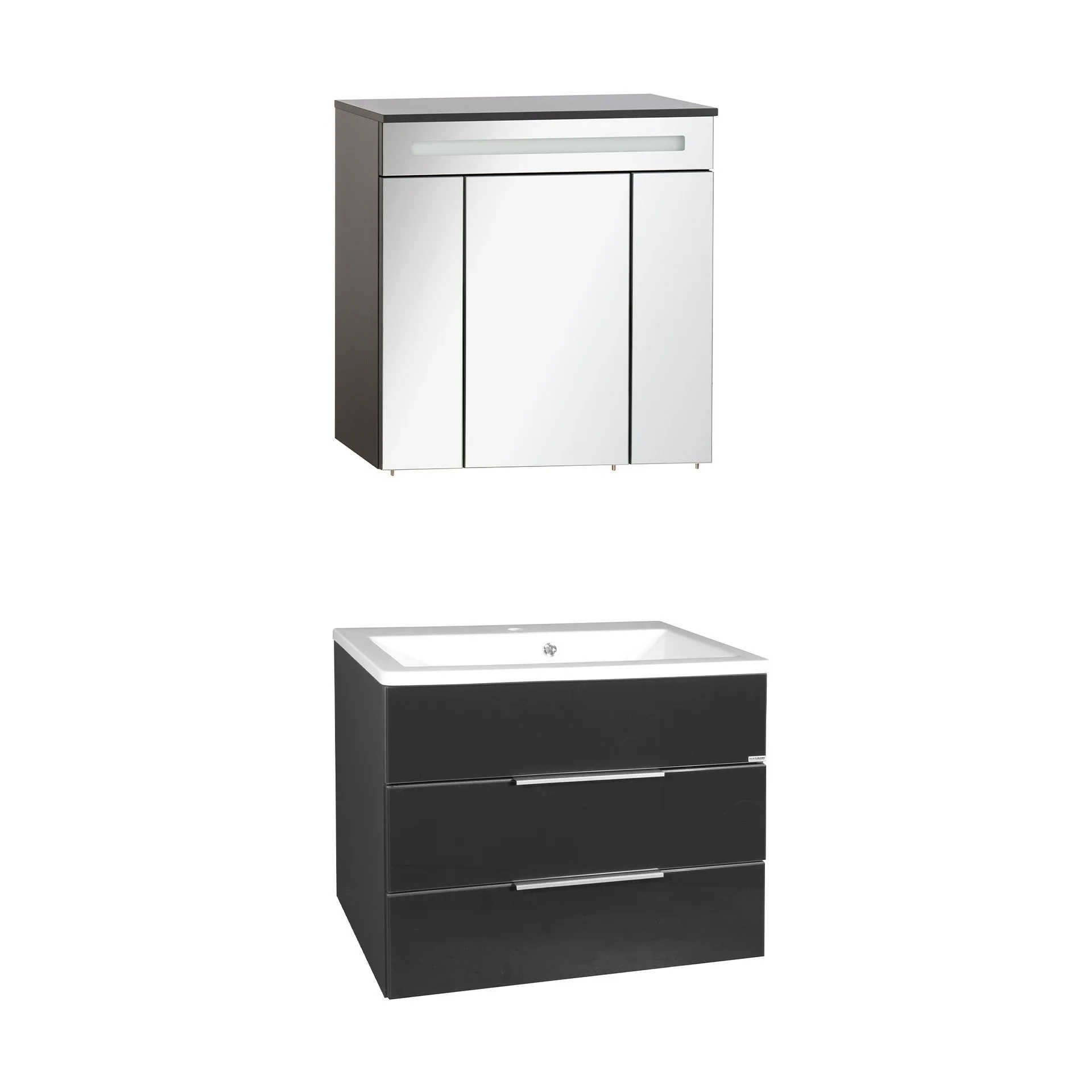 FACKELMANN KARA Waschtisch Set mit Spiegelschrank 80 cm breit, Anthrazit, Waschbecken Gussmarmor Weiß, 2 Schubladen