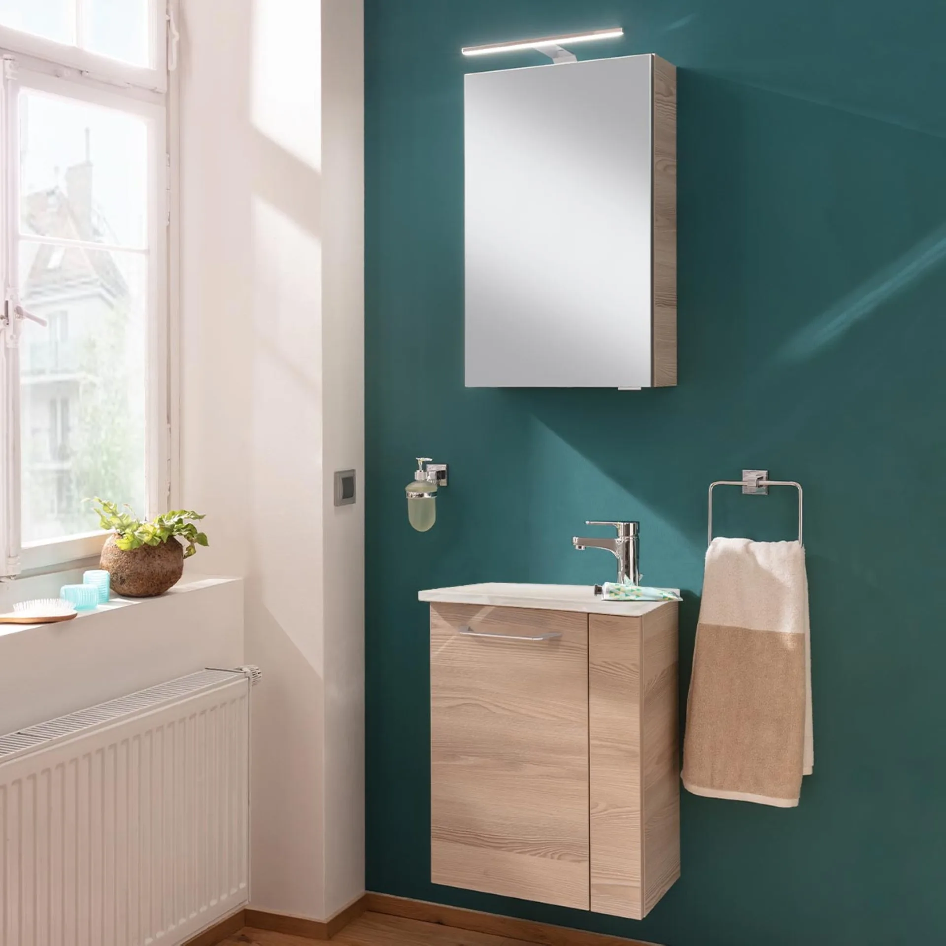 FACKELMANN SBC B.CLEVER Gäste WC Waschtisch Set 45 cm breit, Braun hell, Waschbecken Glas Weiß, Türanschlag links
