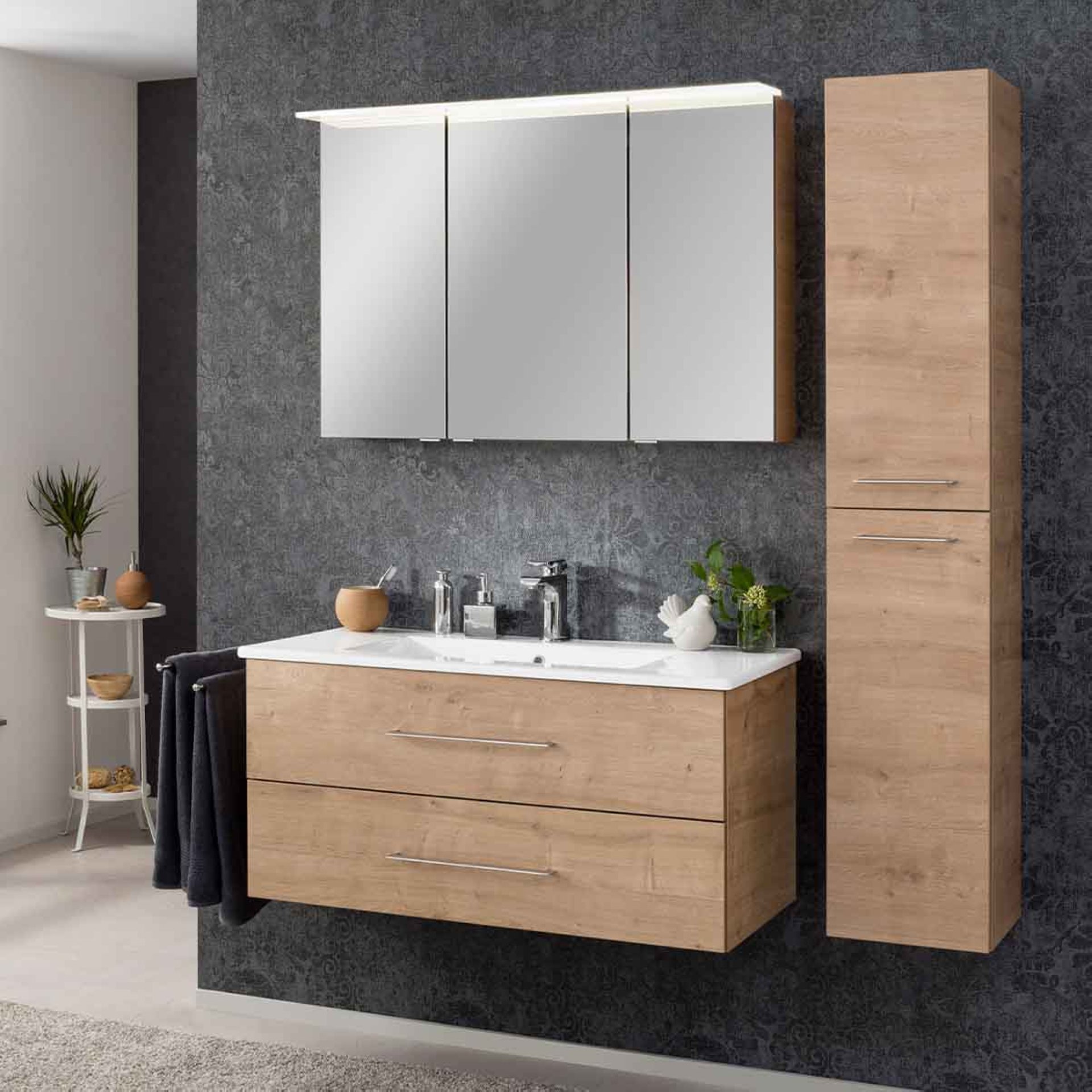 FACKELMANN B.PERFEKT Badmöbel Set 4-teilig 103 cm breit, Braun hell, Waschbecken Keramik Weiß + LED Spiegelschrank + Hochschrank