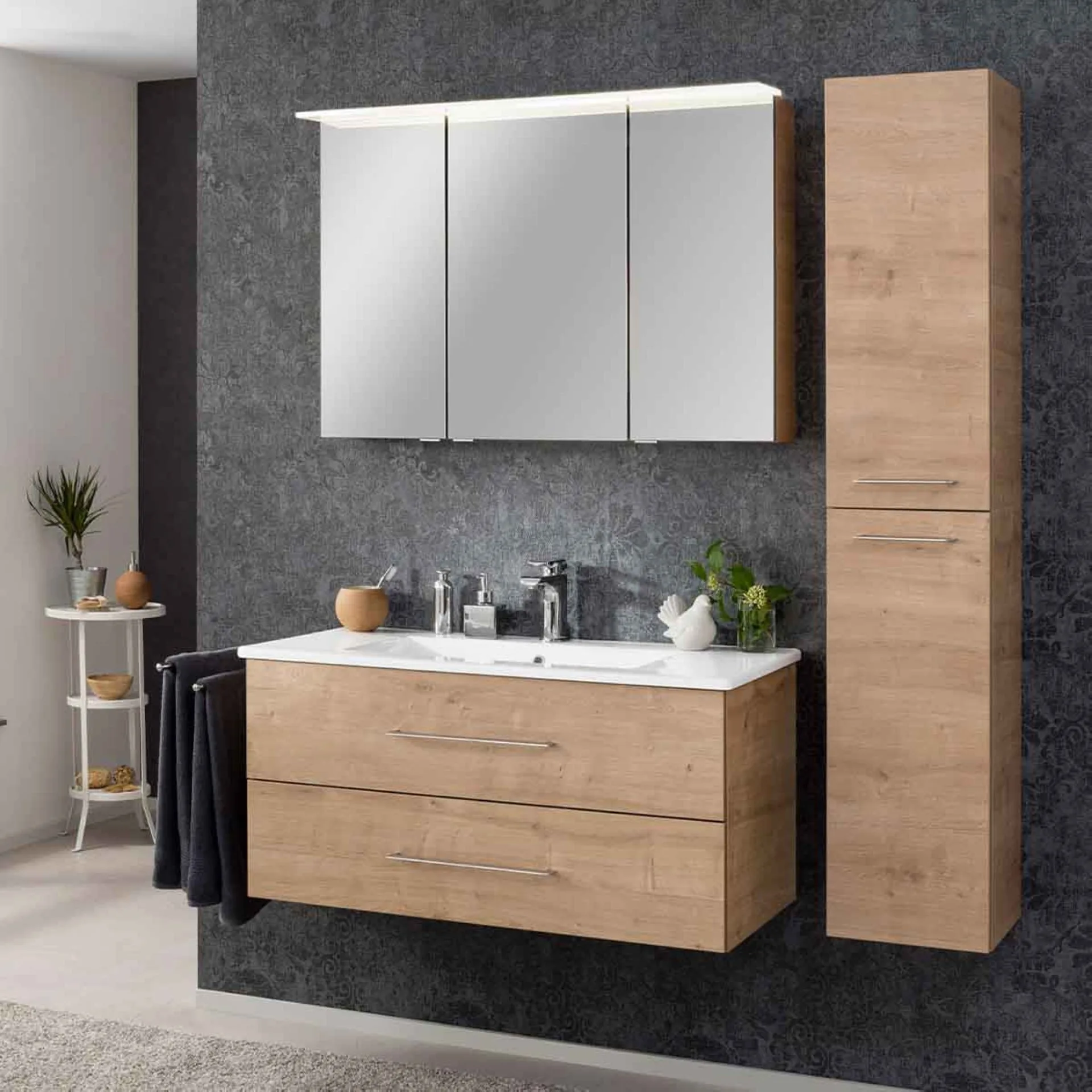 FACKELMANN B.PERFEKT Badmöbel Set 4-teilig 103 cm breit, Braun hell, Waschbecken Keramik Weiß + LED Spiegelschrank + Hochschrank