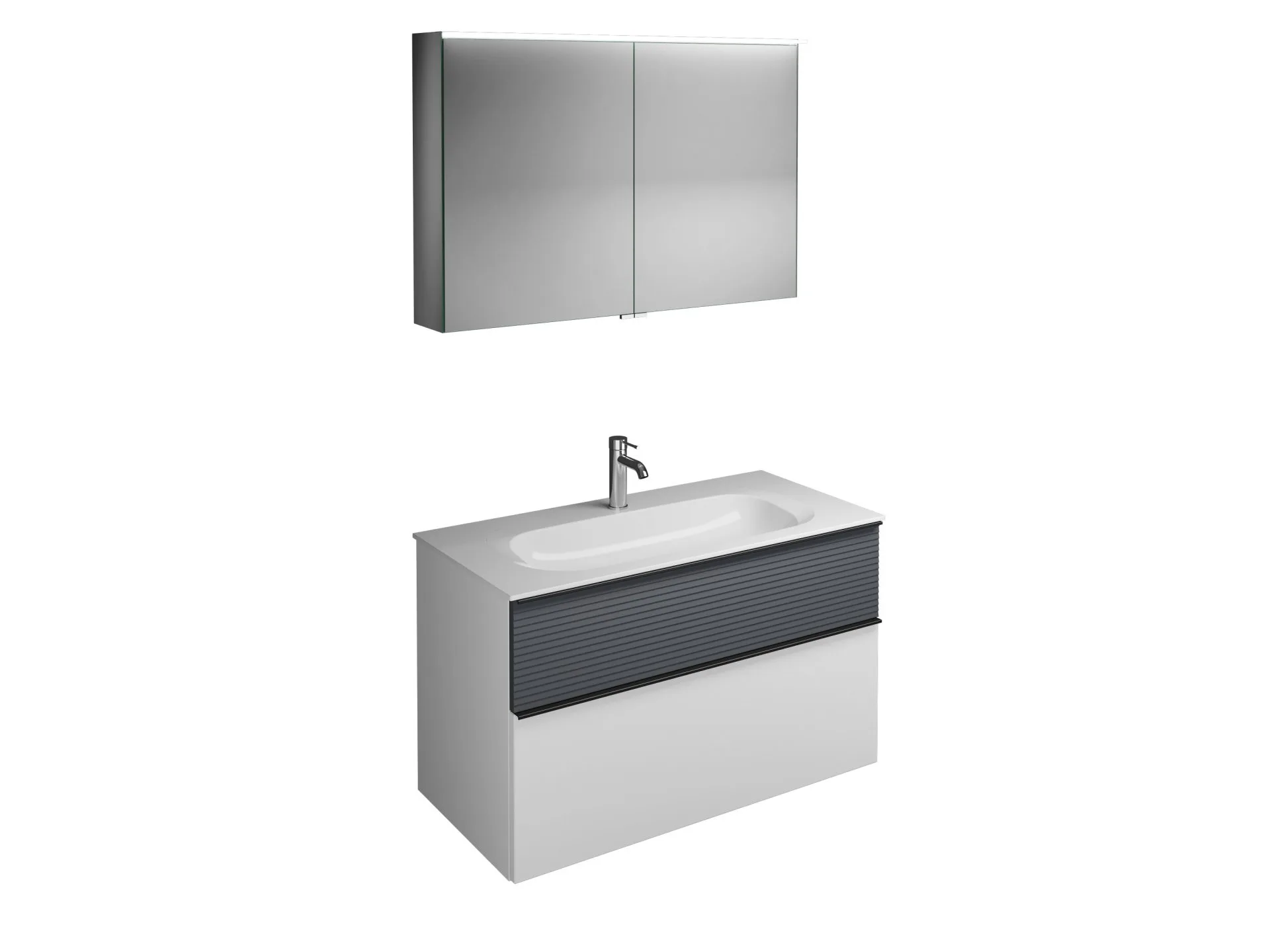 Burgbad FIUMO Waschtisch Set mit Spiegelschrank 102 cm breit, Weiß/Anthrazit, Waschbecken Gussmarmor Weiß