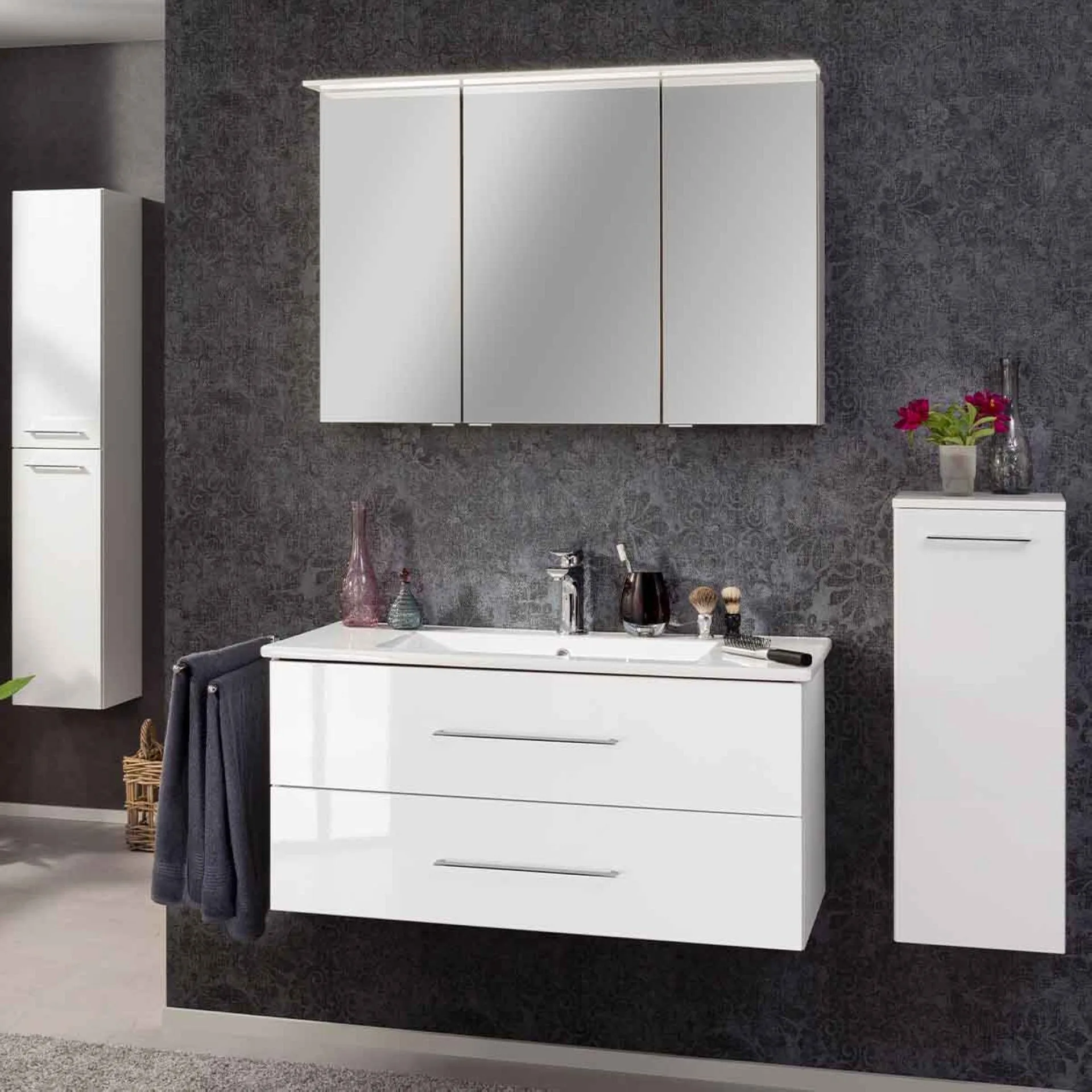 FACKELMANN B.PERFEKT Waschbecken mit Unterschrank 103 cm breit, Weiß, Waschbecken Keramik Weiß