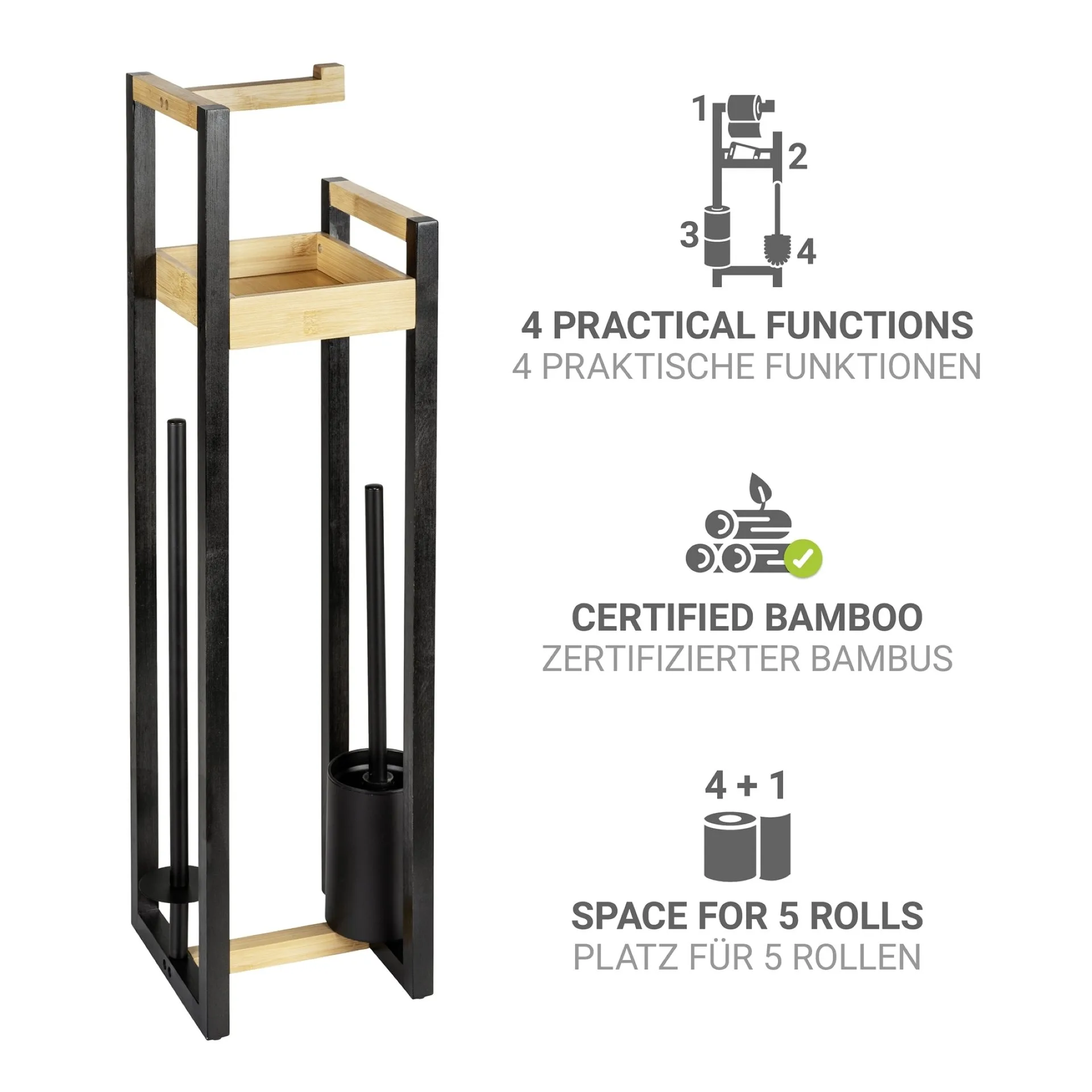 WENKO BRAIDI WC-Garnitur, Schwarz/Braun, Bambus, mit Toilettenpapierhalter und Ablage, stehend