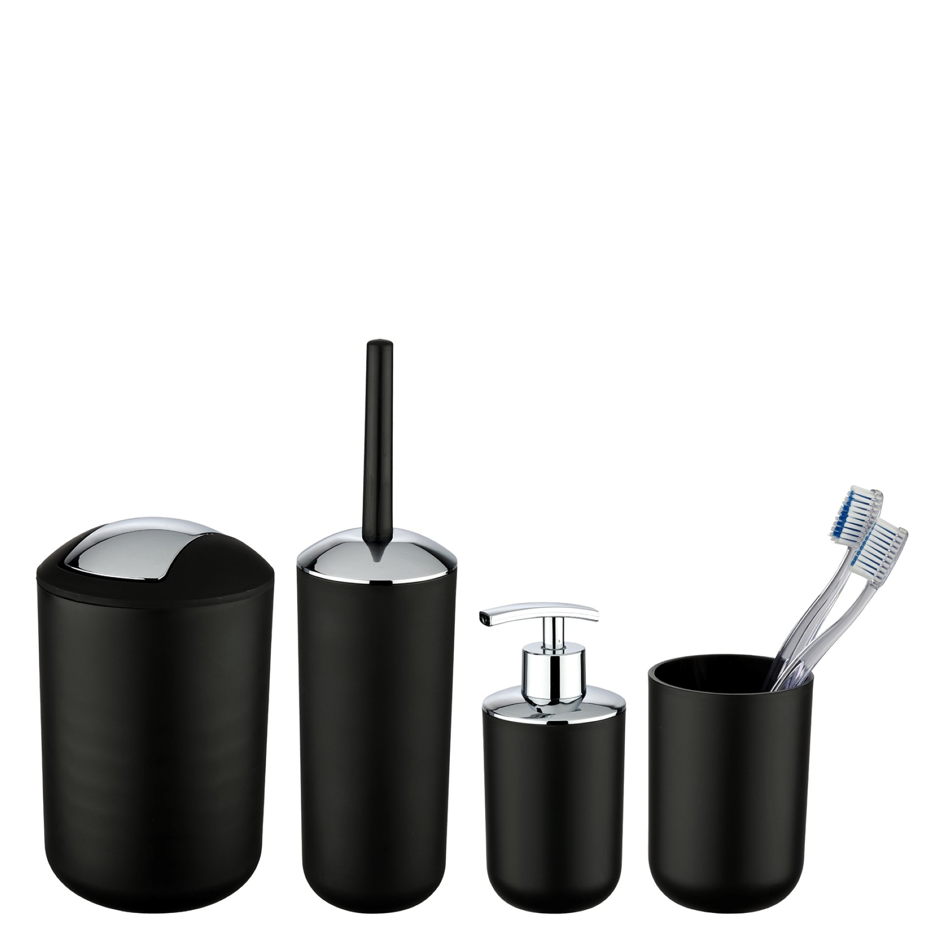 WENKO BRASIL Accessoire Set, Schwarz, Zahnputzbecher, Seifenspender, WC-Garnitur, Kosmetikeimer