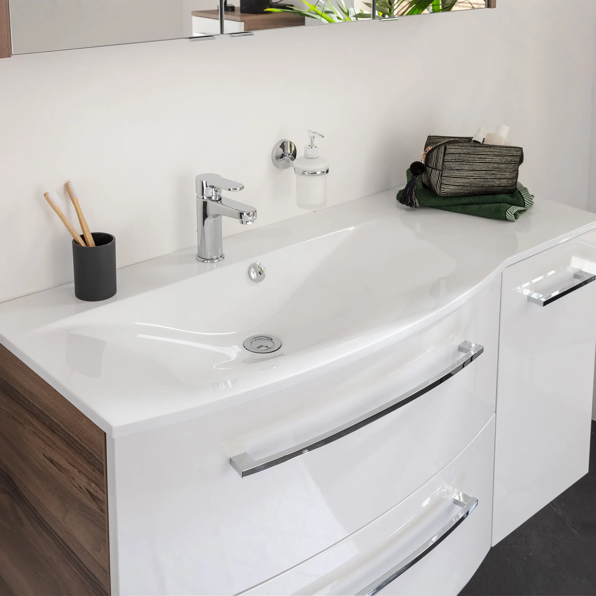 FACKELMANN VERONA Waschbecken mit Unterschrank 115 cm breit, Weiß/Braun Dunkel, Waschbecken Gussmarmor Weiß + Unterschrank Türanschlag links