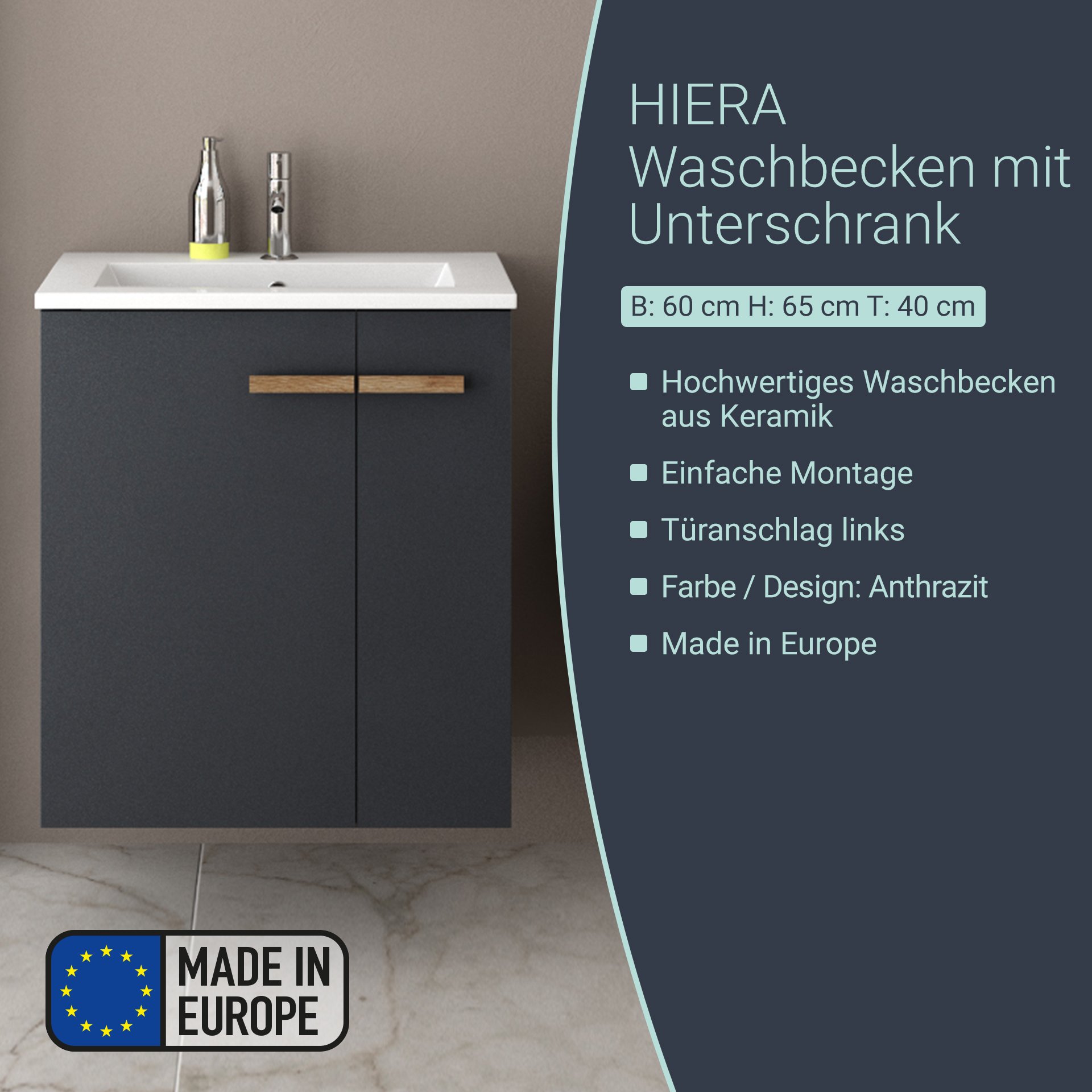 BADEDU HIERA Waschbecken mit Unterschrank 60 cm breit, Anthrazit, Waschbecken Keramik Weiß