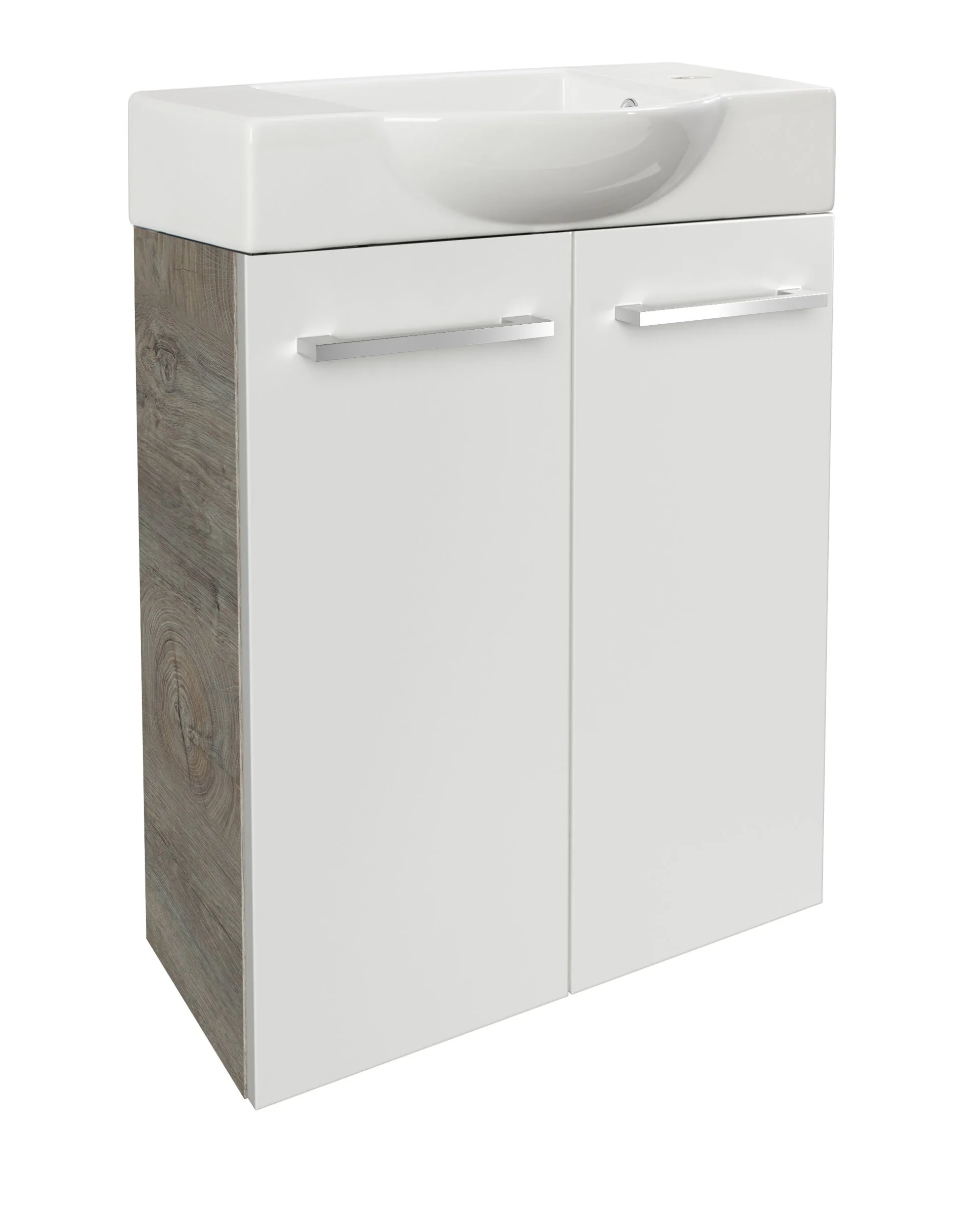 FACKELMANN SBC STANFORD Gäste WC Waschtisch Set 55 cm breit, Weiß/Braun hell, Waschbecken Keramik Weiß, Hahnloch rechts