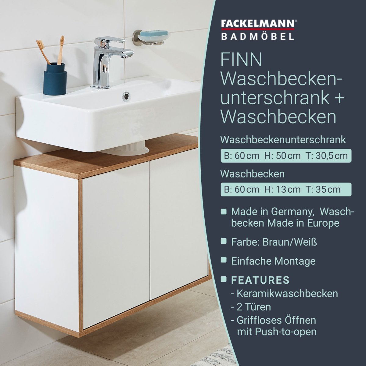 FACKELMANN FINN Waschbecken mit Unterschrank 60 cm breit, Weiß/Braun hell, Waschbecken Keramik Weiß