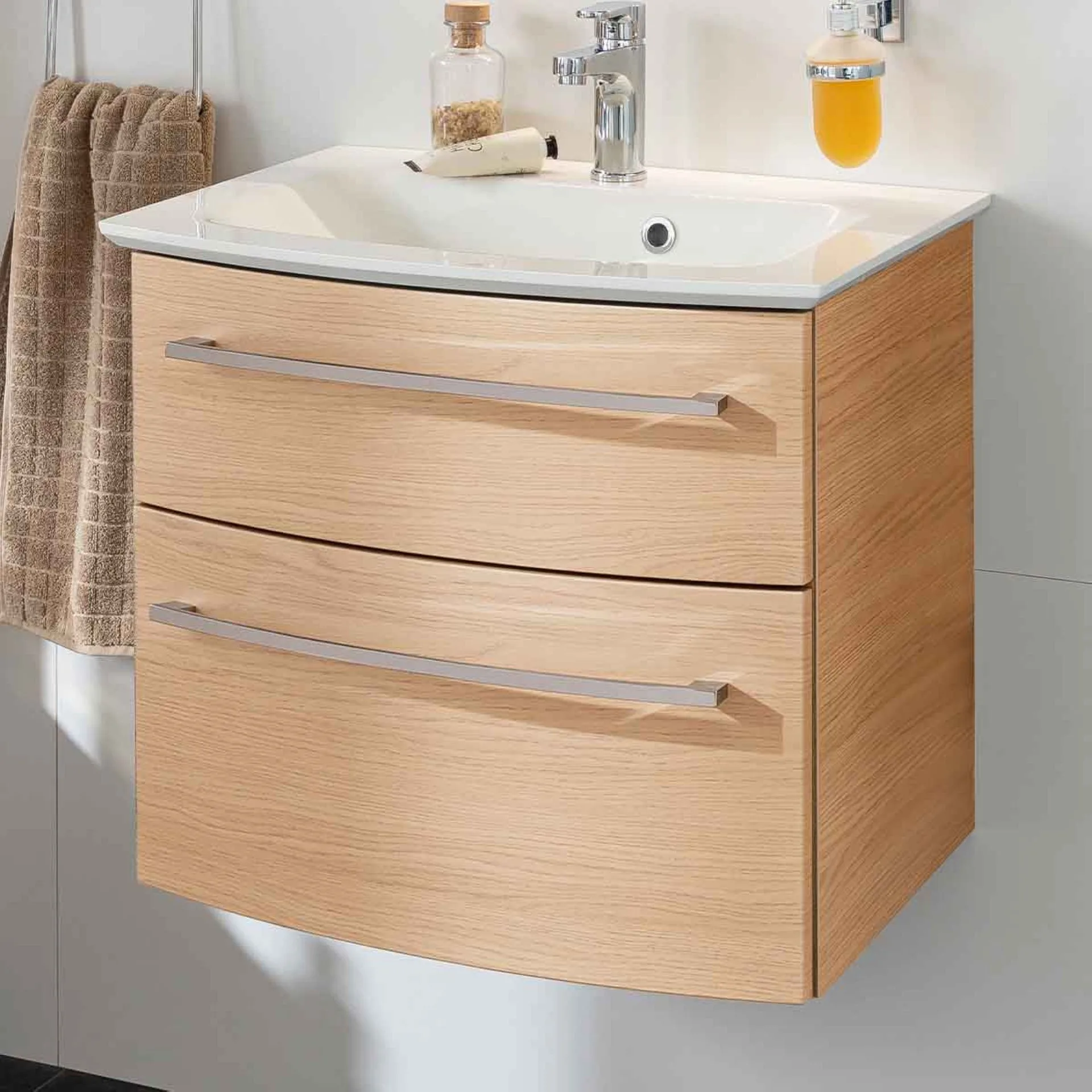 FACKELMANN B.STYLE Waschbecken mit Unterschrank 63 cm breit, Braun, Waschbecken Gussmarmor Weiß