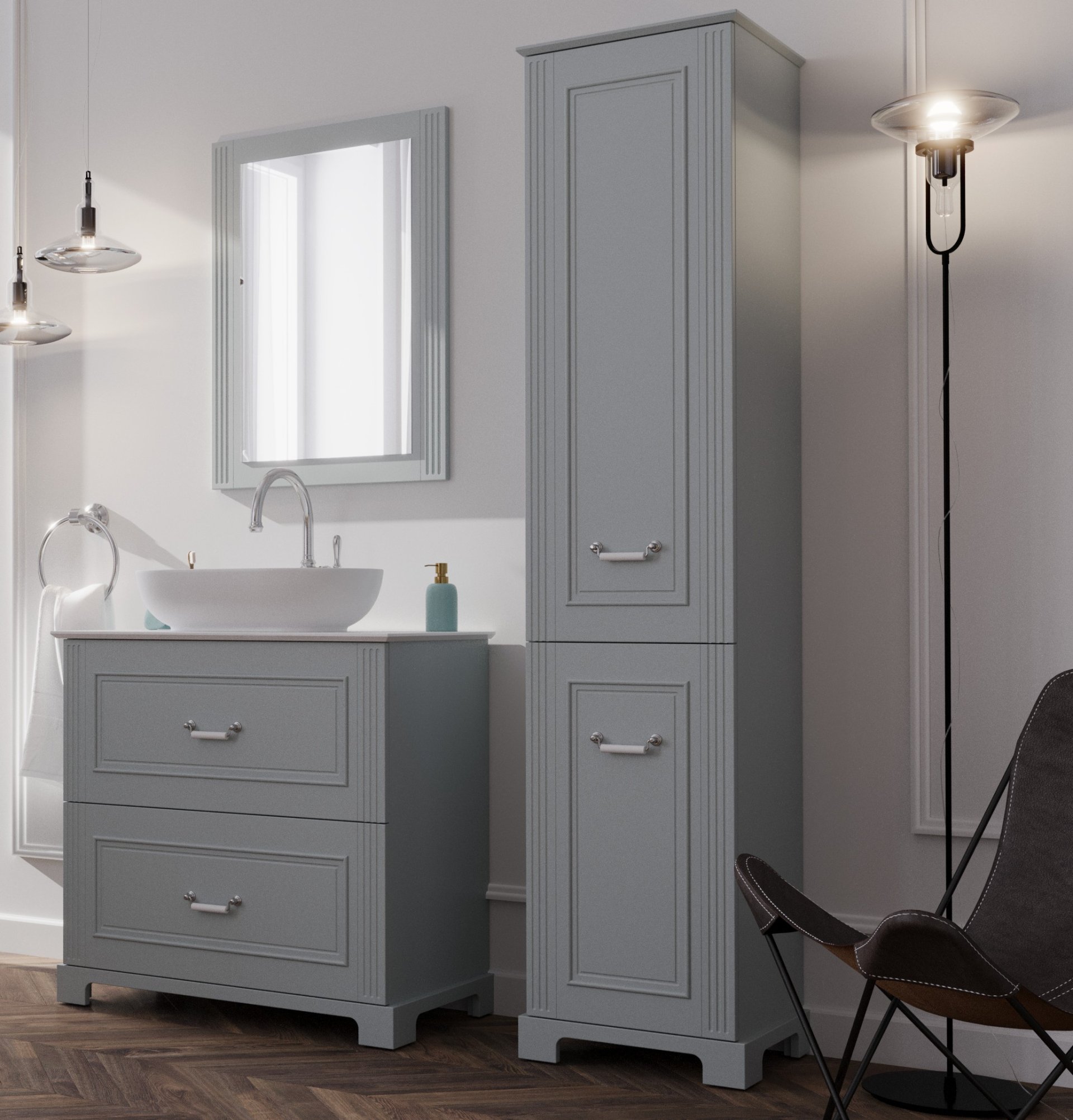 BADEDU RILA Hochschrank 43 cm breit, Grau matt, 1 Tür, Wäschekorb unten mit Auszug