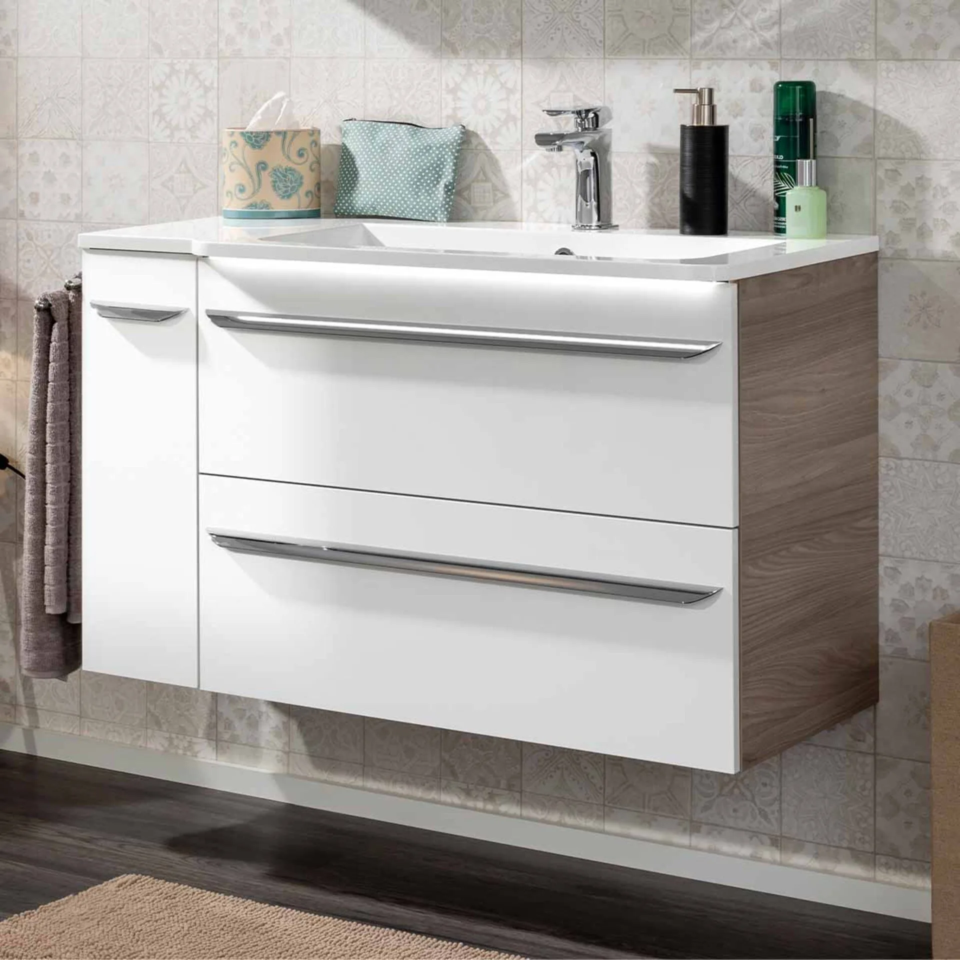 FACKELMANN LUXOR Waschbecken mit Unterschrank 100 cm breit, Weiß/Braun hell, Waschbecken Gussmarmor Weiß + Unterschrank Türanschlag rechts