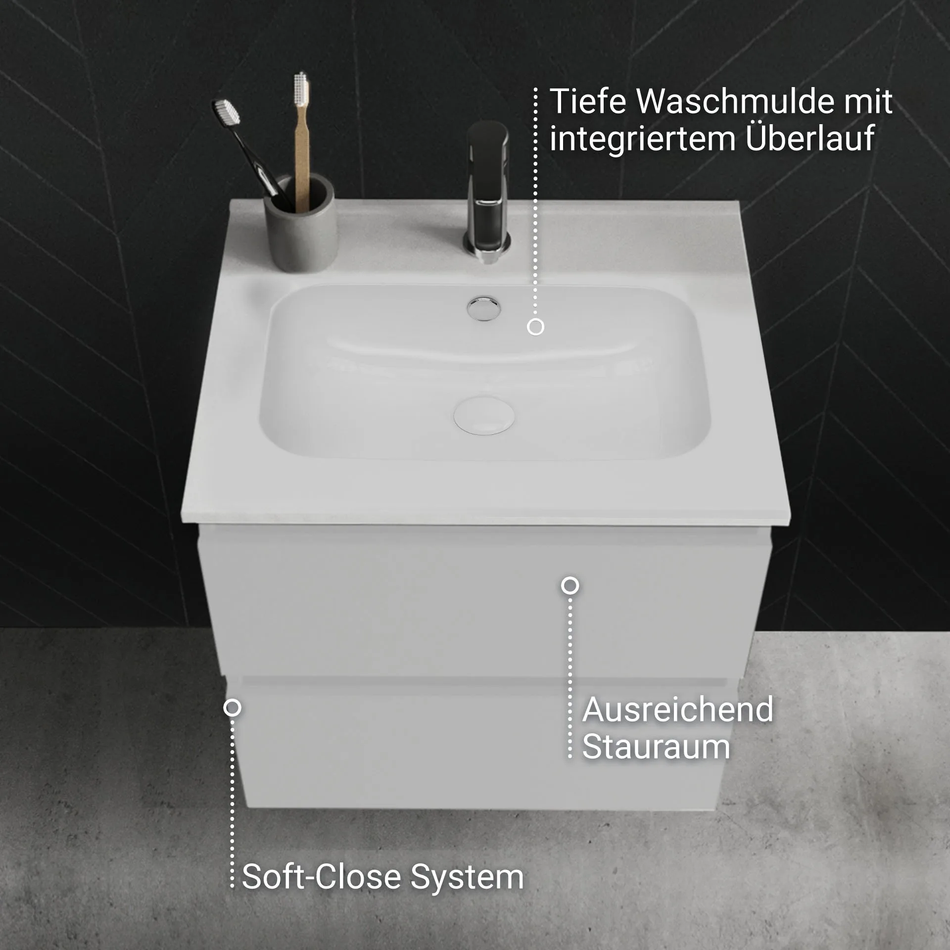 BADEDU GERS Waschbecken mit Unterschrank 60 cm breit, Weiß, Waschbecken Keramik Weiß
