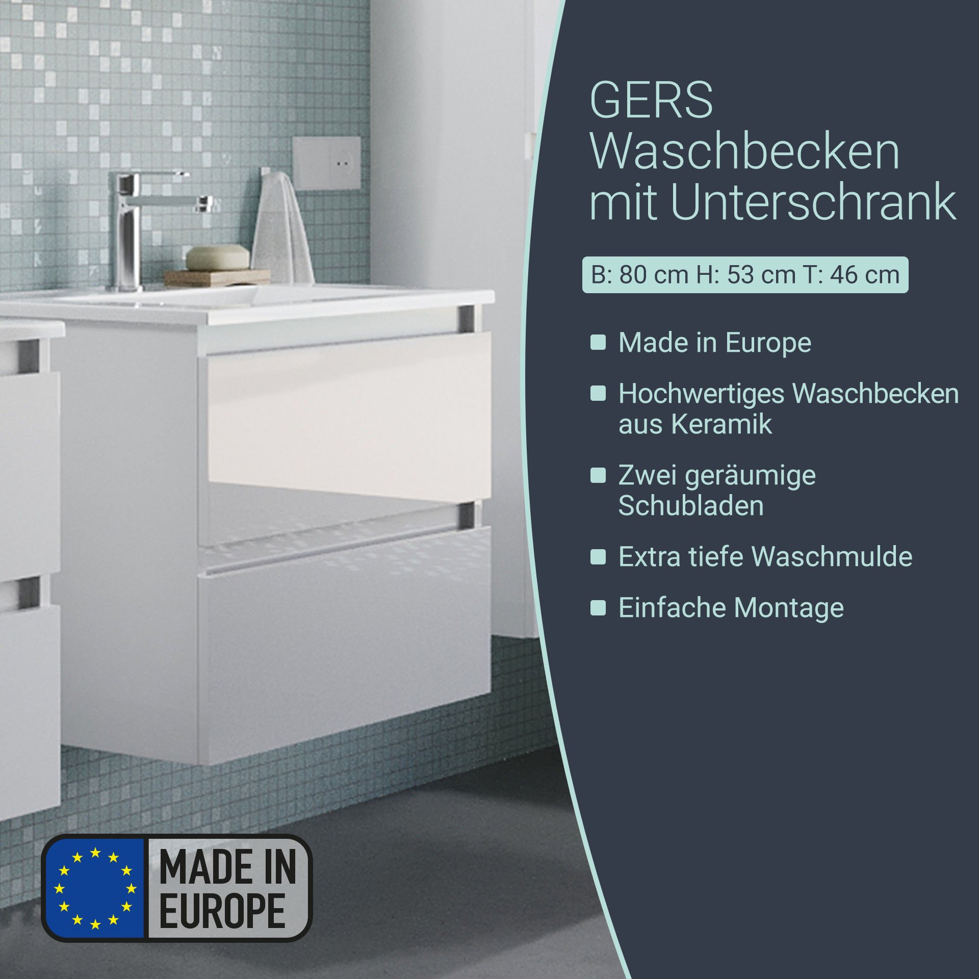 BADEDU GERS Waschbecken mit Unterschrank 80 cm breit, Weiß, Waschbecken Keramik Weiß