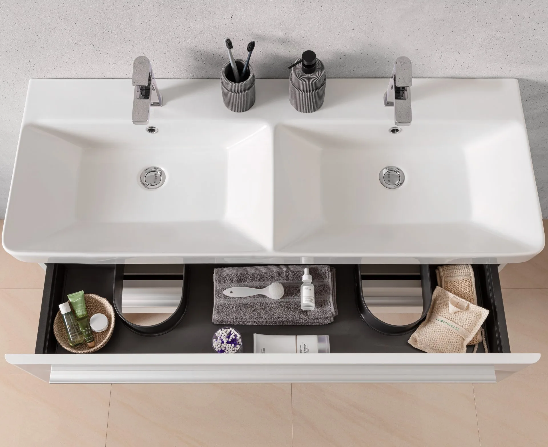 LANZET K8 Waschtisch Set mit Spiegelschrank 120 cm breit, Braun dunkel, Doppelwaschbecken Keramik Weiß