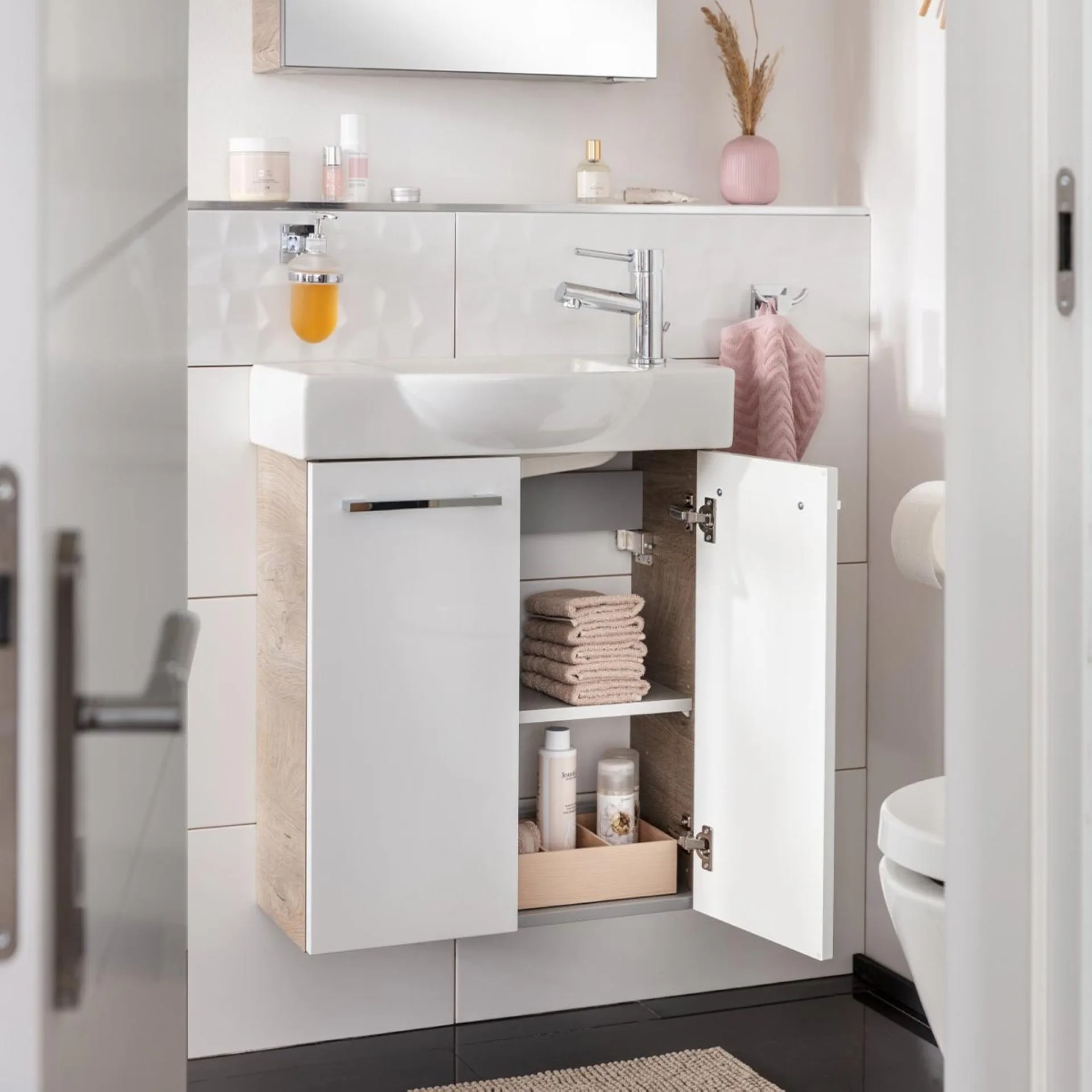 FACKELMANN SBC STANFORD Waschbeckenunterschrank Gäste WC 55 cm breit, Weiß/Braun hell, 2 Türen
