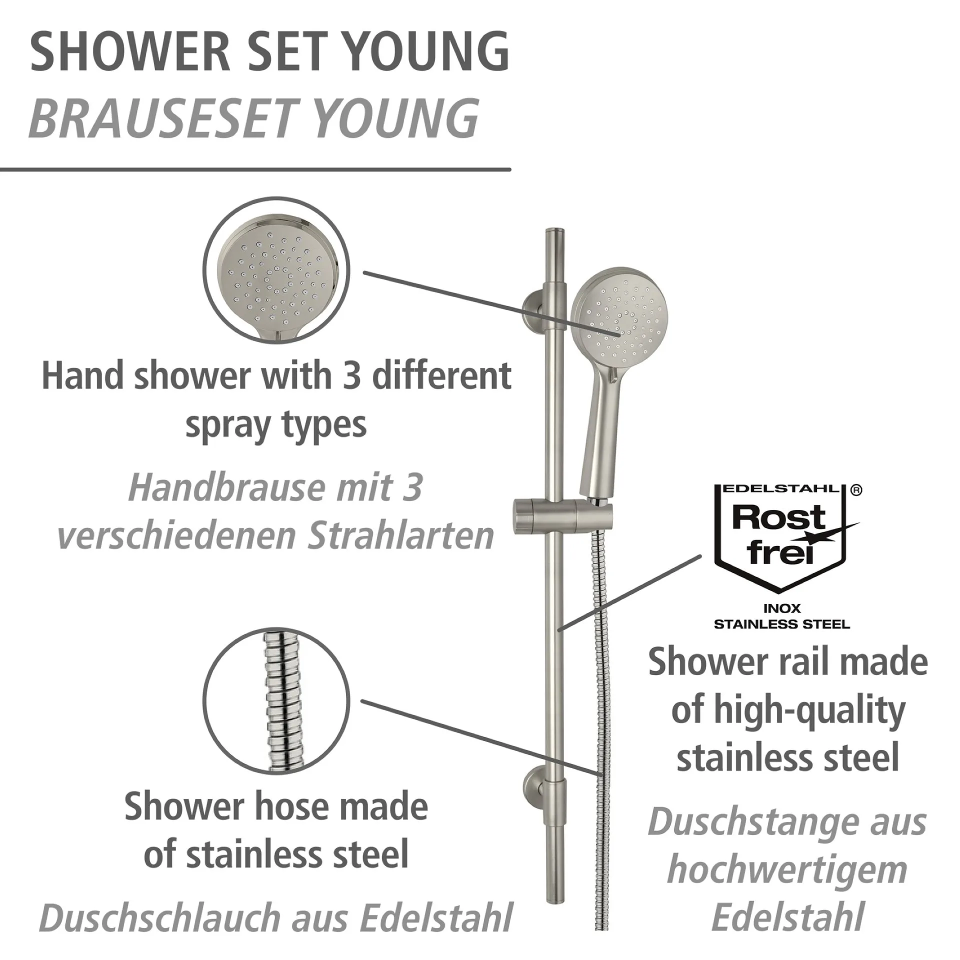 WENKO YOUNG Stangenbrause Set 66 cm, Silber matt, 3 verschiedene Wasserstrahlarten