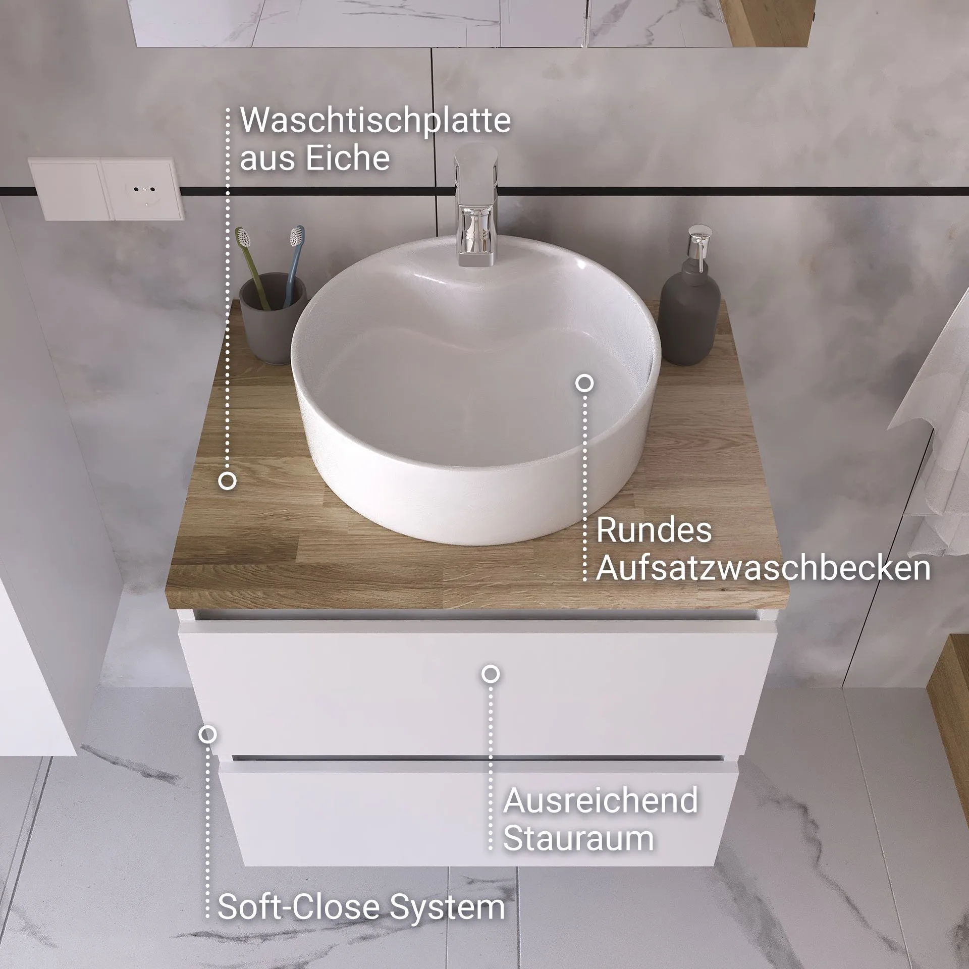 BADEDU GERS Waschbecken mit Unterschrank 60 cm breit, Weiß, Aufsatzwaschbecken Keramik Weiß, Waschtischplatte Braun hell
