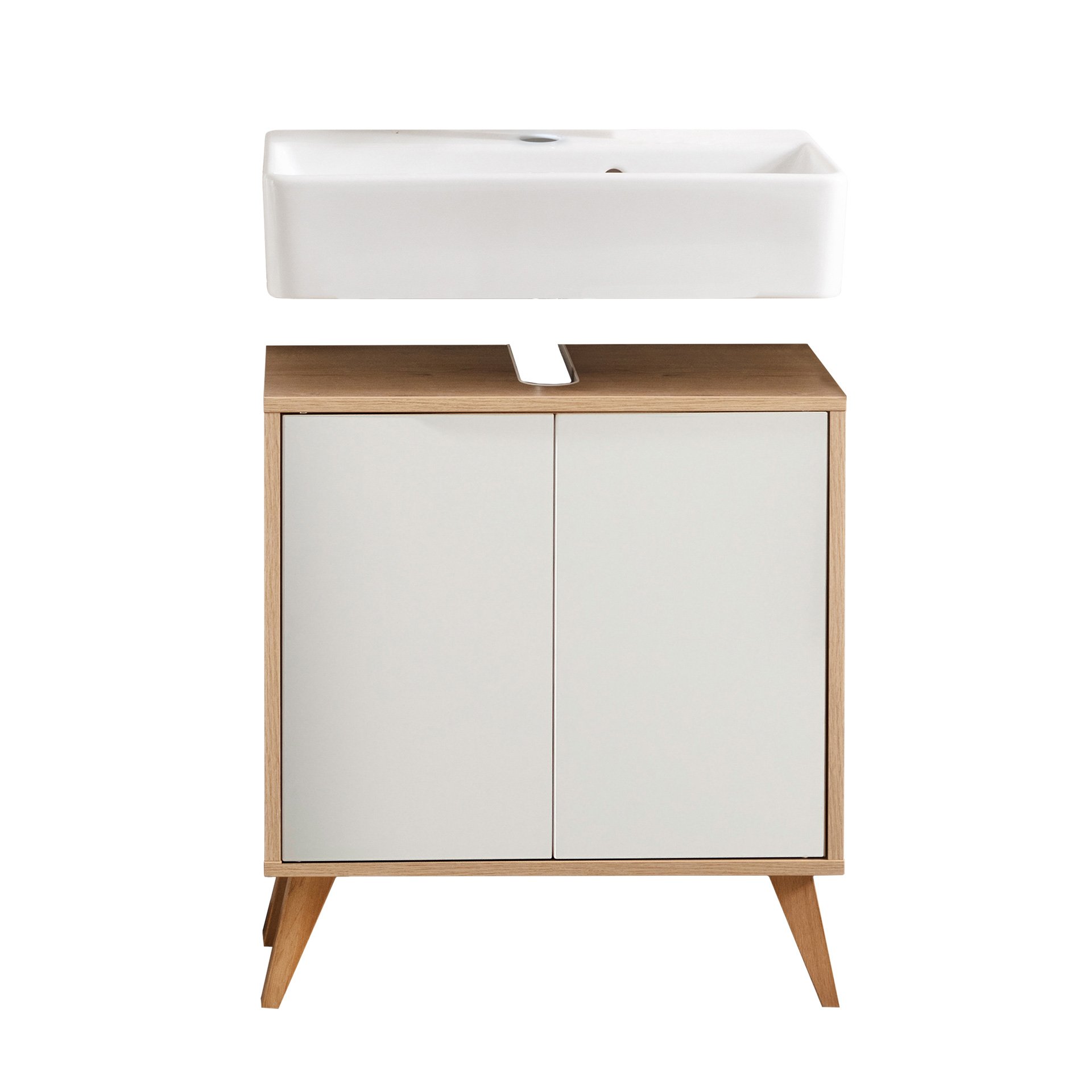 FACKELMANN FINN Waschbecken mit Unterschrank 60 cm breit, Weiß/Braun hell, Waschbecken Keramik Weiß + Holzfüße