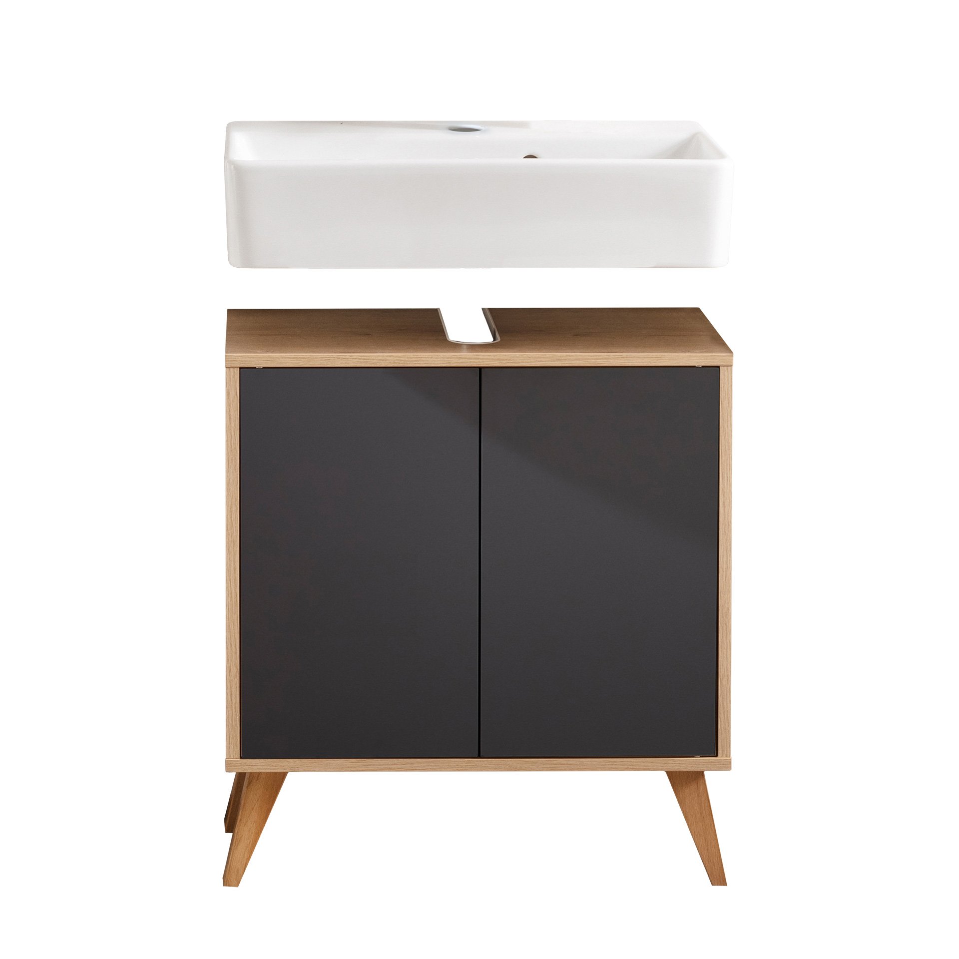 FACKELMANN FINN Waschbecken mit Unterschrank 60 cm breit, Anthrazit/Braun hell, Waschbecken Keramik Weiß + Holzfüße