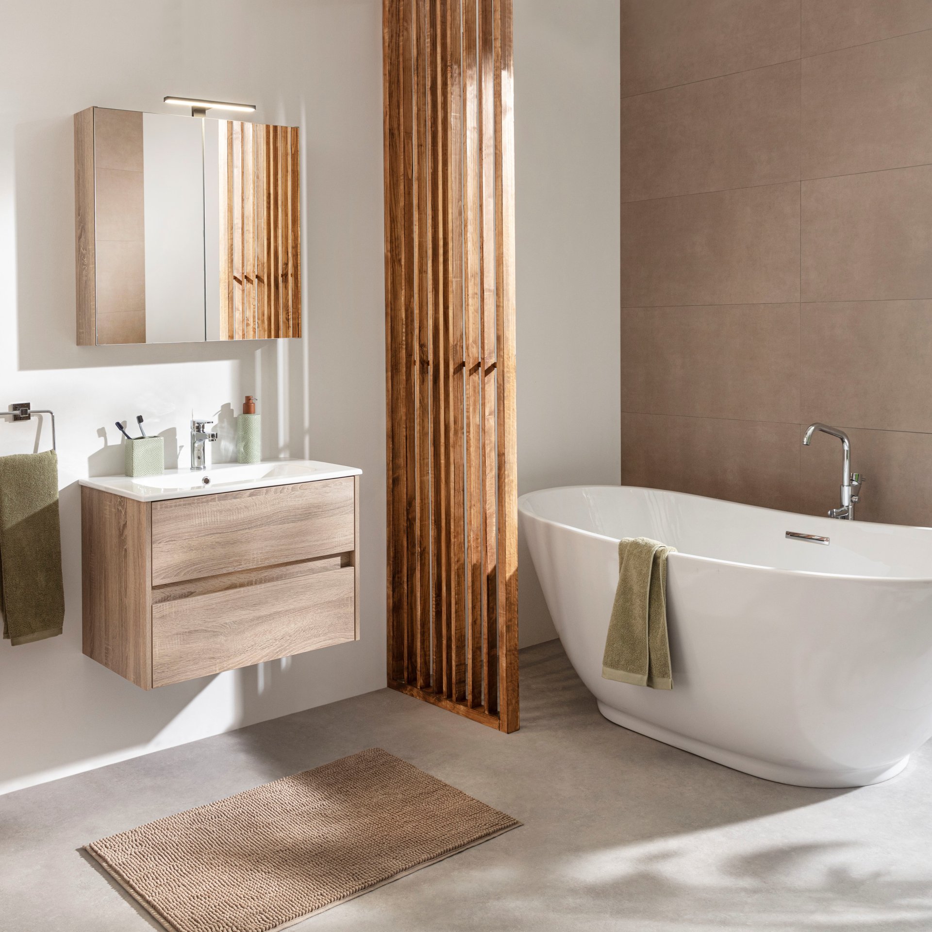 FACKELMANN COMPACT LINE Waschtisch Set mit Spiegelschrank 71 cm breit, Braun, Waschbecken Keramik Weiß, inklusive Aufsatzleuchte und Energie Box, 2 Schubladen