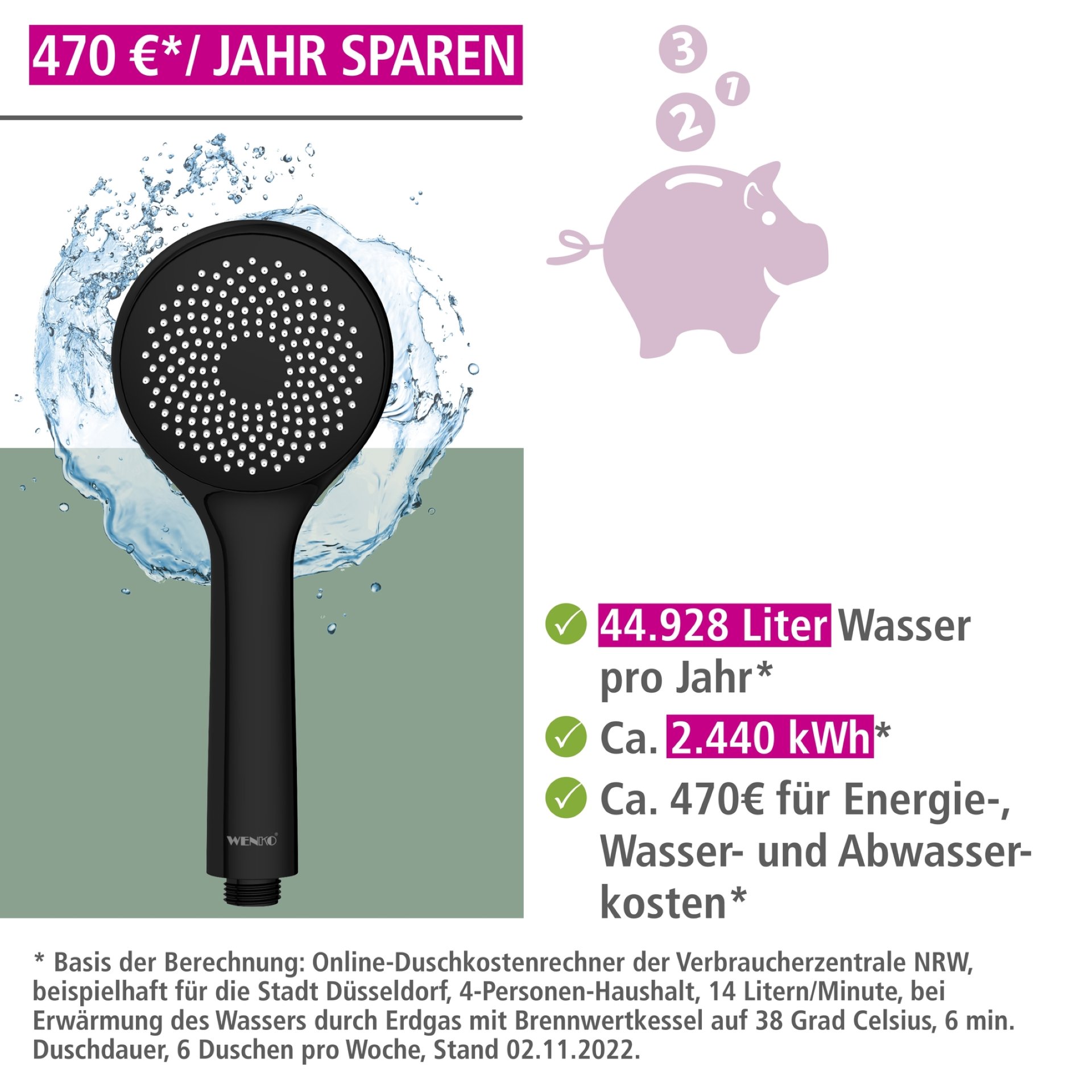 WENKO Duschkopf Ø 9,5 cm, Schwarz, mit Wassersparsystem