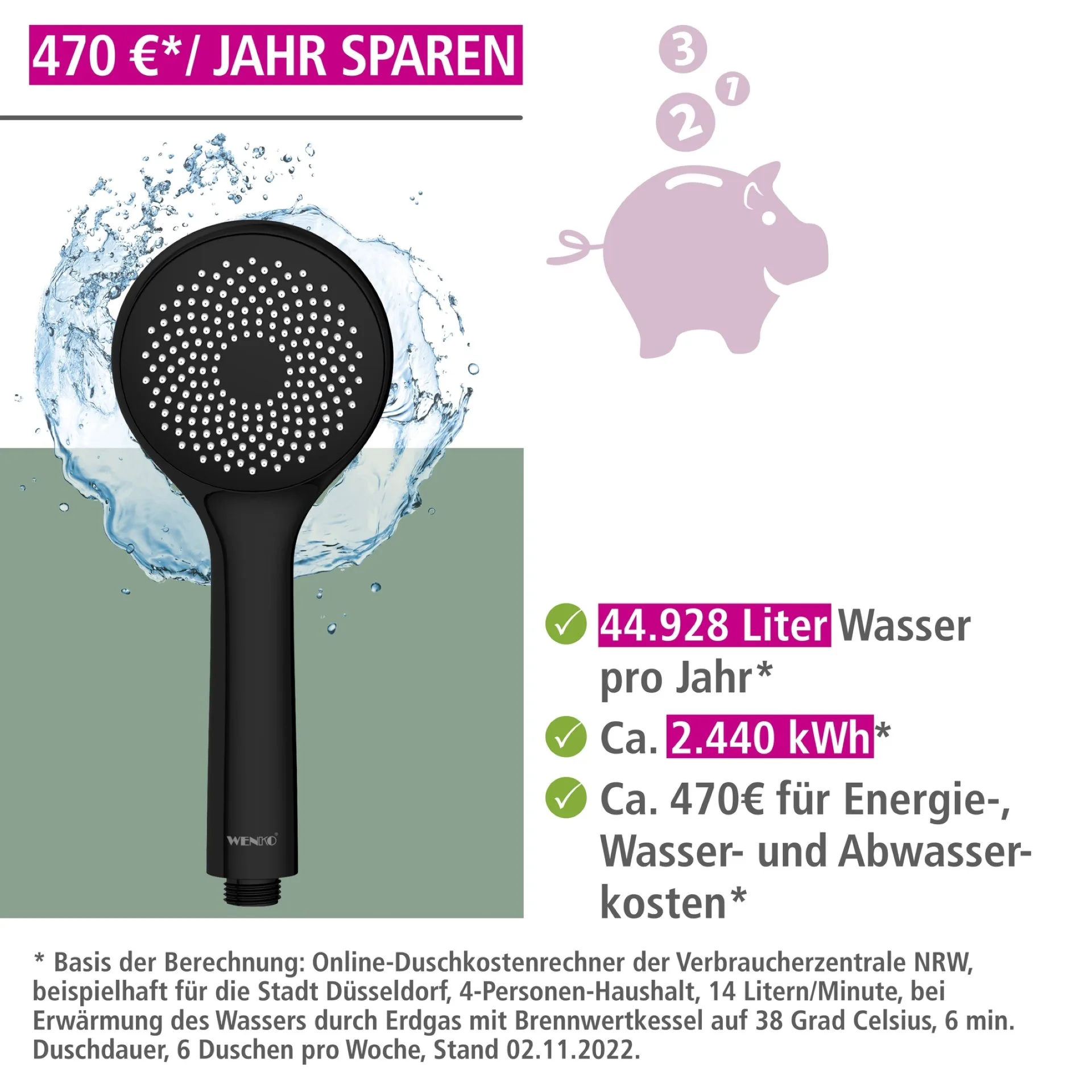 WENKO Duschkopf Ø 9,5 cm, Schwarz