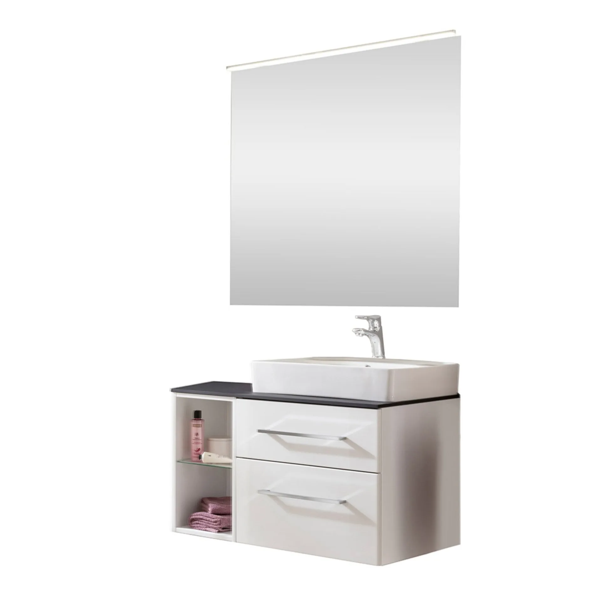 FACKELMANN OXFORD Badmöbel Set 7-teilig 90 cm breit, Weiß, Aufsatzwaschbecken Keramik Weiß + Waschtischplatte + Spiegel + Regal + Armatur + Leuchte