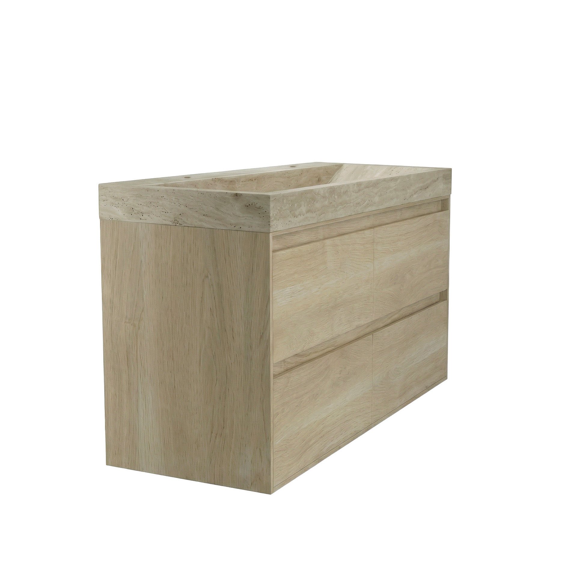 FORZALAQUA IBIZA BELLEZZA Waschbecken mit Unterschrank 120 cm breit, Braun hell, Natursteinwaschbecken Travertin matt mit zwei Hahnlöchern, 4 Schubladen