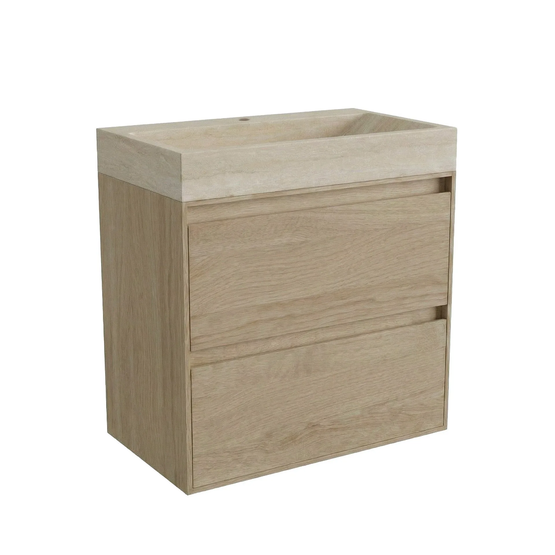 FORZALAQUA IBIZA BELLEZZA Waschbecken mit Unterschrank 80 cm breit, Braun hell, Natursteinwaschbecken Travertin matt mit Hahnloch, 2 Schubladen