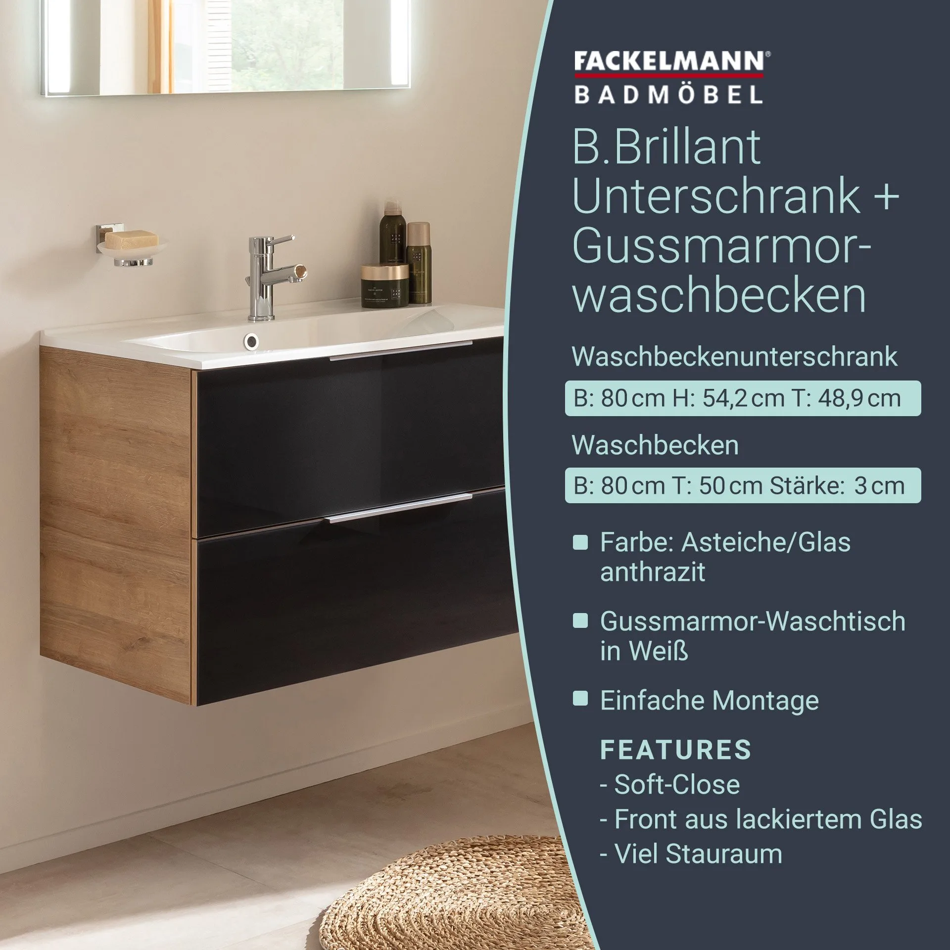 FACKELMANN B.BRILLANT Waschbecken mit Unterschrank 80 cm breit, Anthrazit Glas/Braun hell, Waschbecken Gussmarmor Weiß